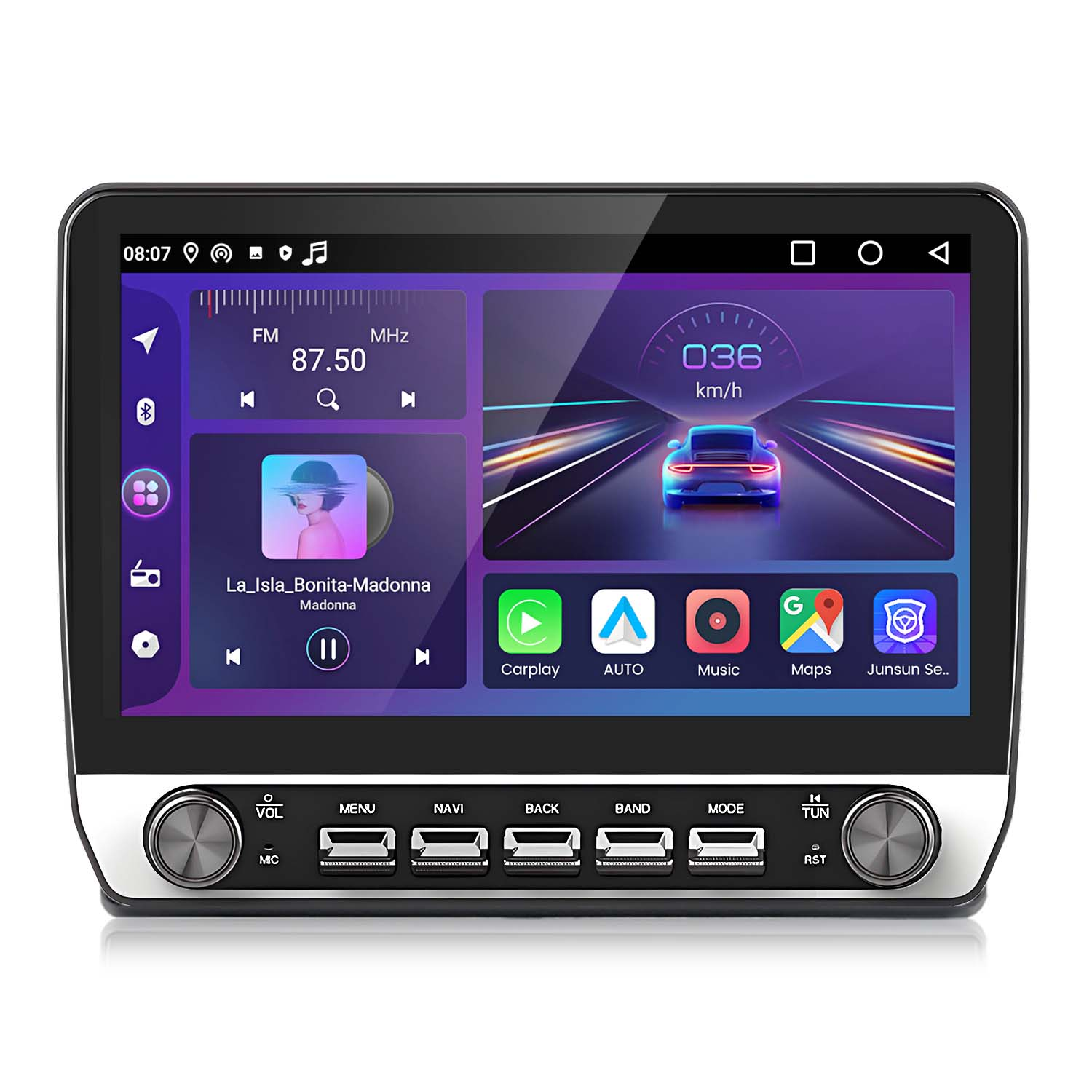 Autoradio con touchscreen che visualizza musica, navigazione e impostazioni dell'auto, con finiture argentate.