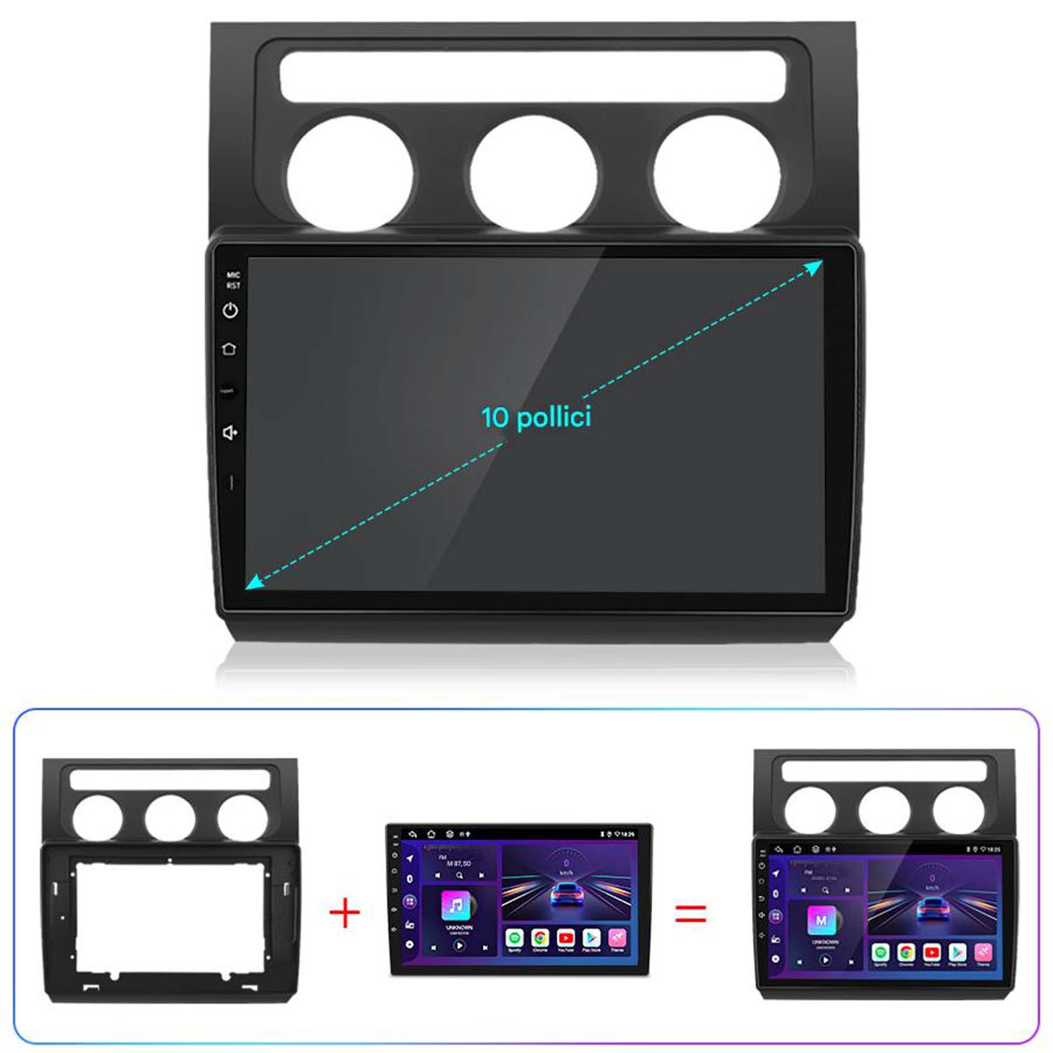 Display dell'autoradio con touchscreen, che mostra le dimensioni dello schermo di 10 pollici e un'impostazione di confronto.