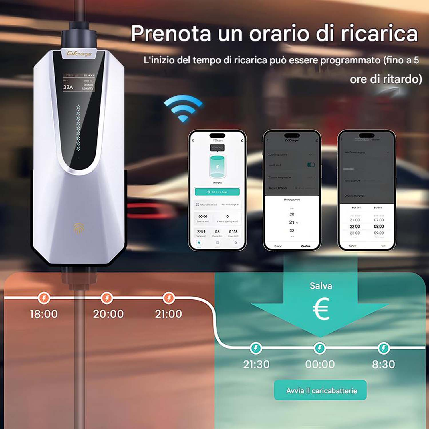 Interfaccia del caricatore per veicoli elettrici su un telefono, che mostra le impostazioni dell'ora di ricarica e il risparmio di denaro.