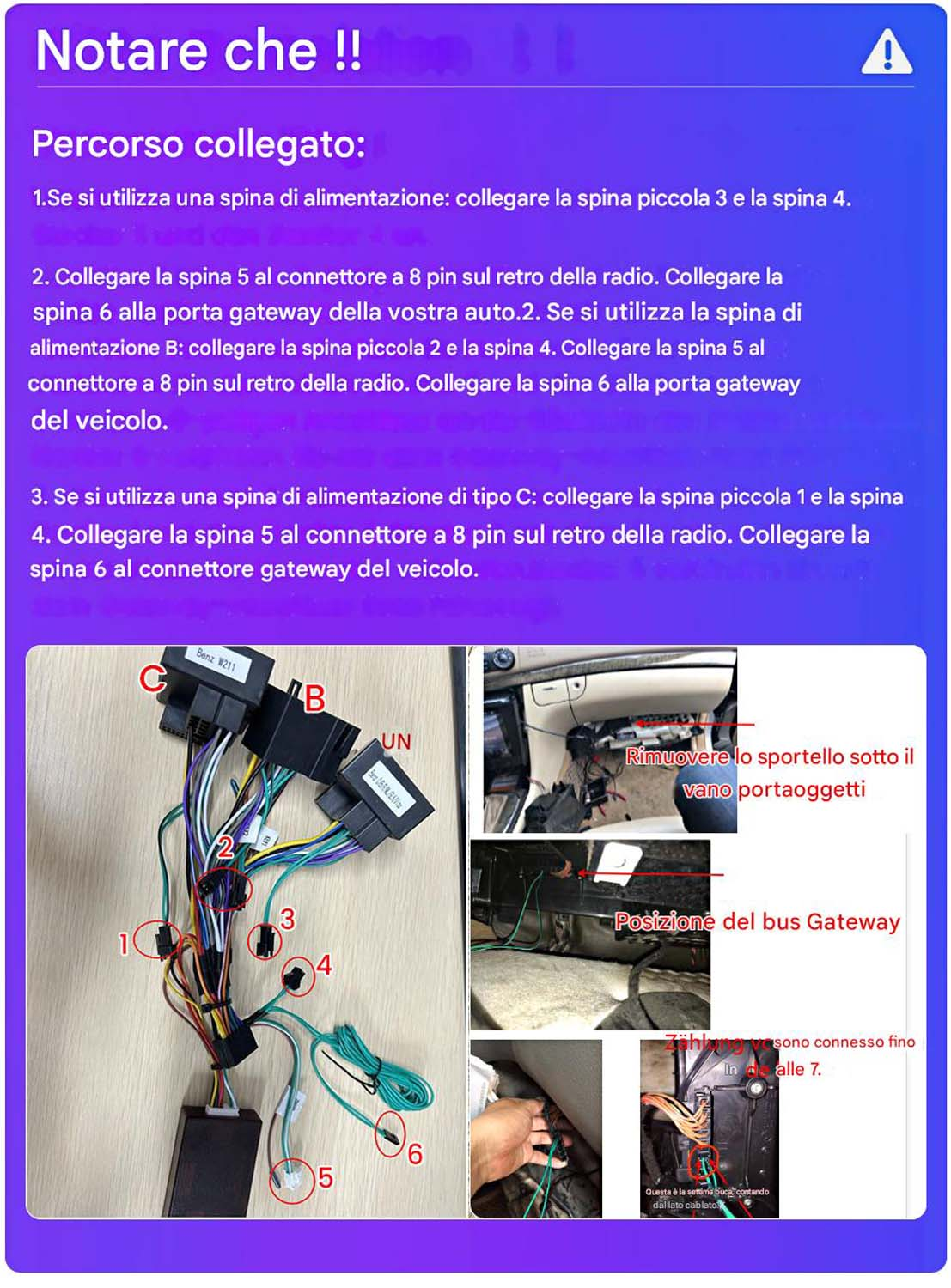 Diagramma con più fili e connettori, più istruzioni su come collegarsi alla radio dell'auto.