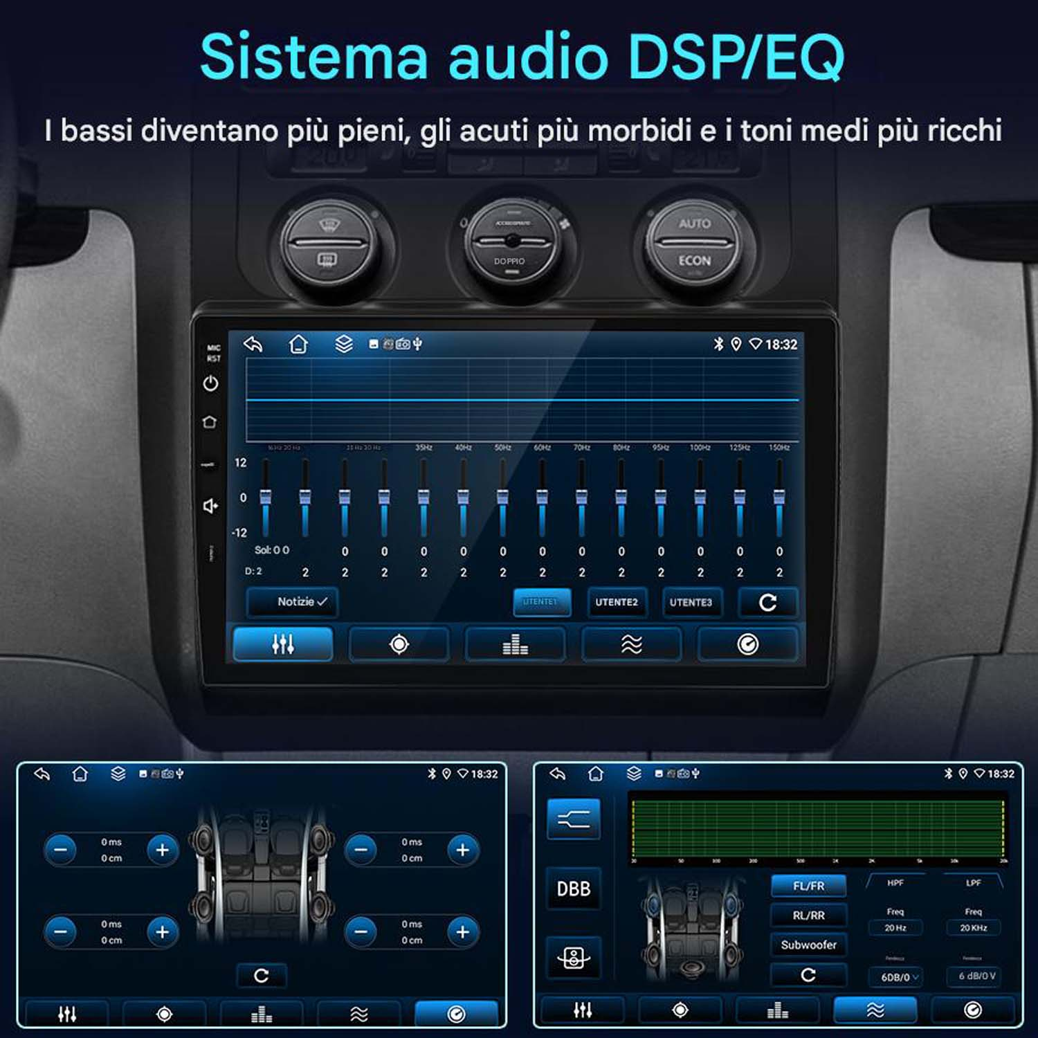Display autoradio con impostazioni audio ed equalizzatore grafico. Mostra regolazioni audio bassi, alti e medi.
