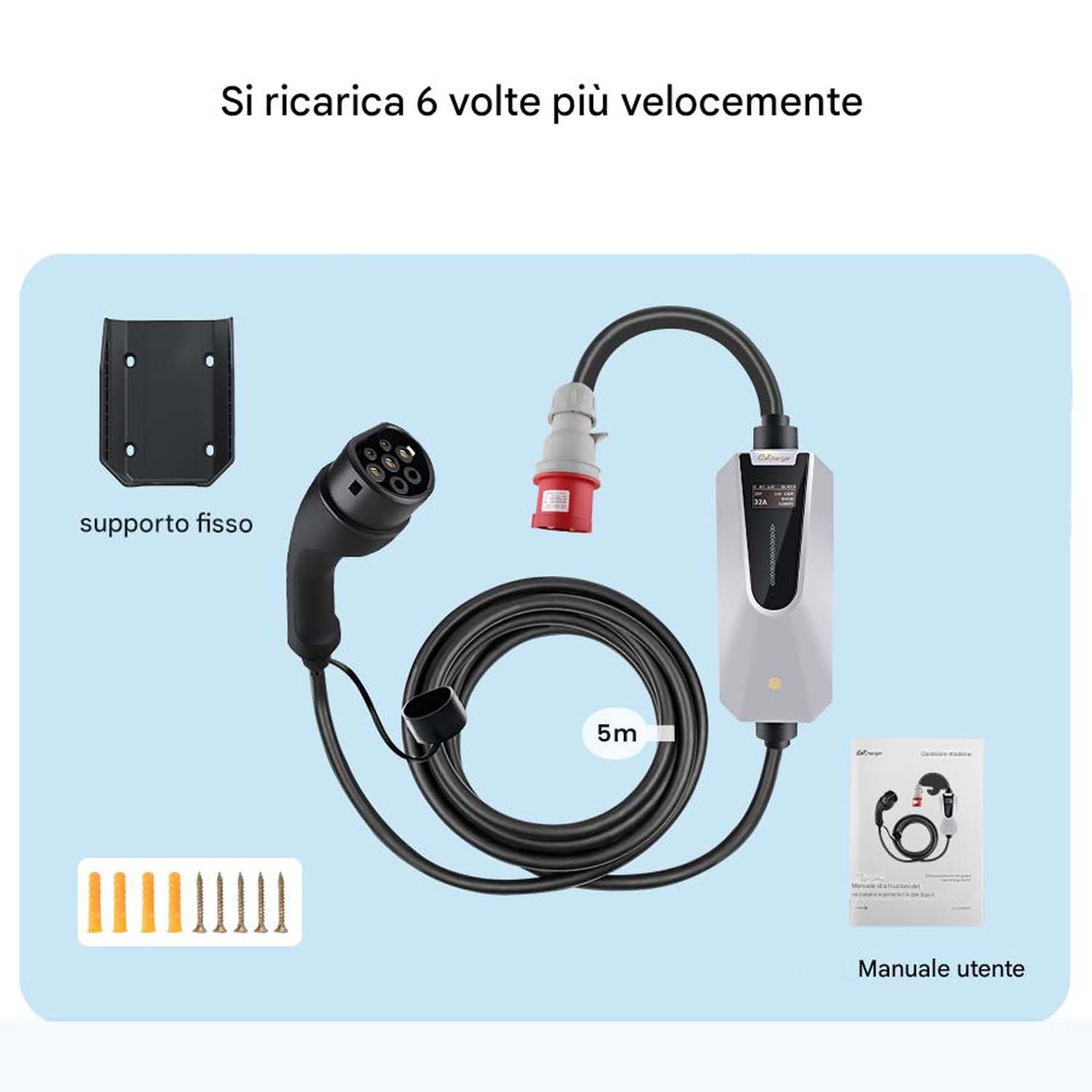 Caricatore EV con cavo, che mostra stazione di ricarica, manuale utente e accessori.
