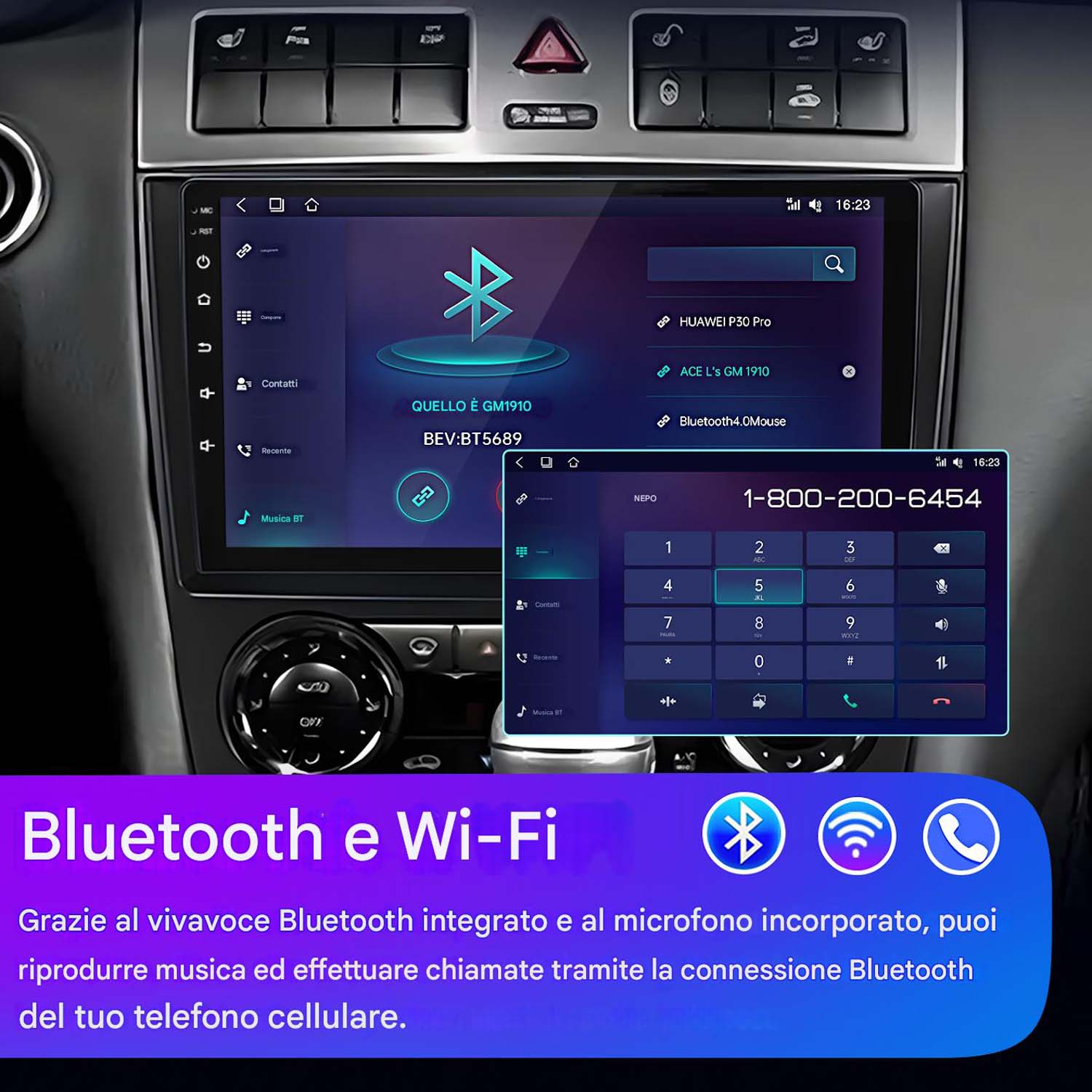 Lo schermo del cruscotto dell'auto mostra un'interfaccia Bluetooth, mostrando le chiamate recenti e un tastierino per le chiamate.