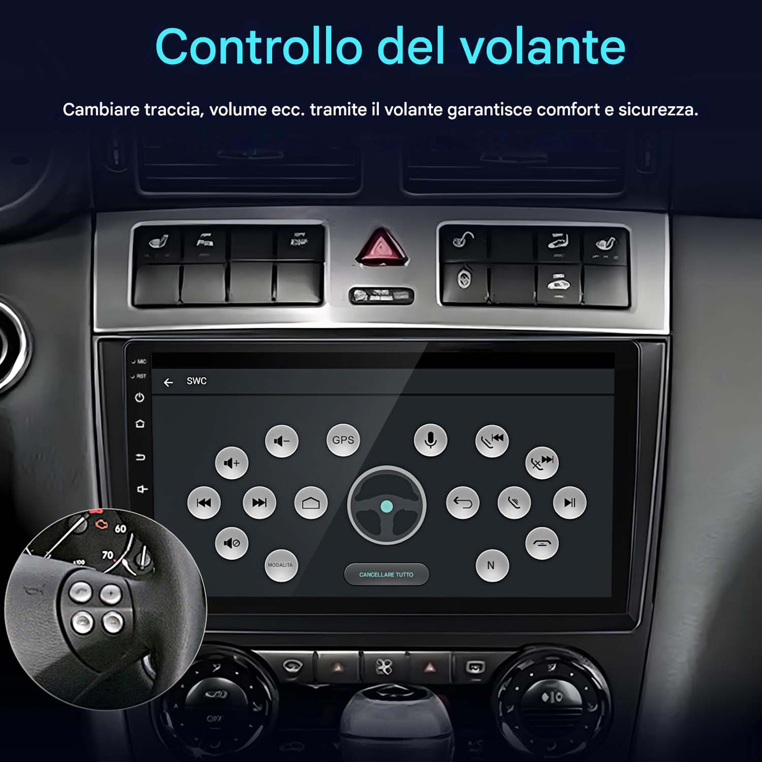 Interni auto con schermo che mostra i controlli del volante. I pulsanti del volante sono visibili nell'angolo in basso a sinistra.