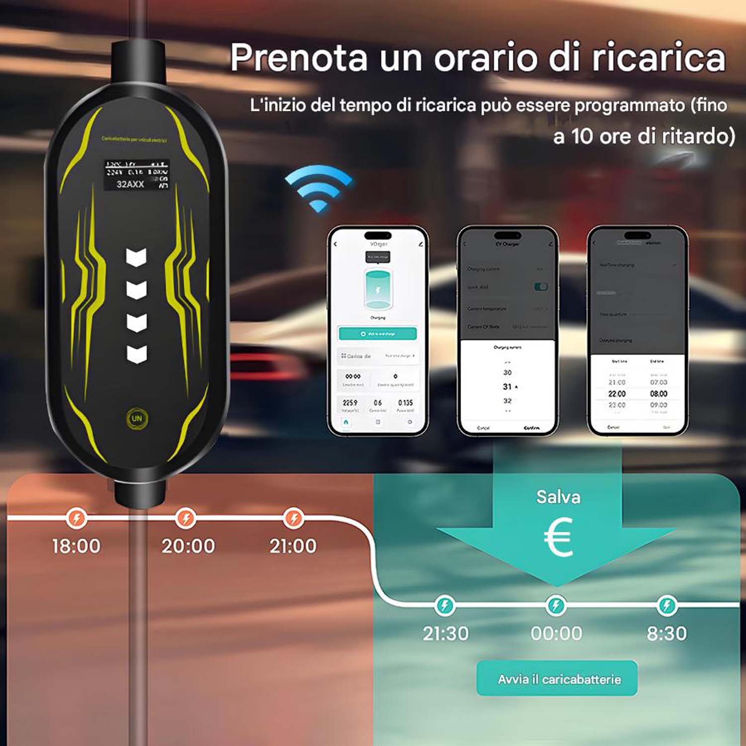 Caricabatterie EV con schermo che mostra le opzioni di tempo di ricarica e un diagramma di risparmio.
