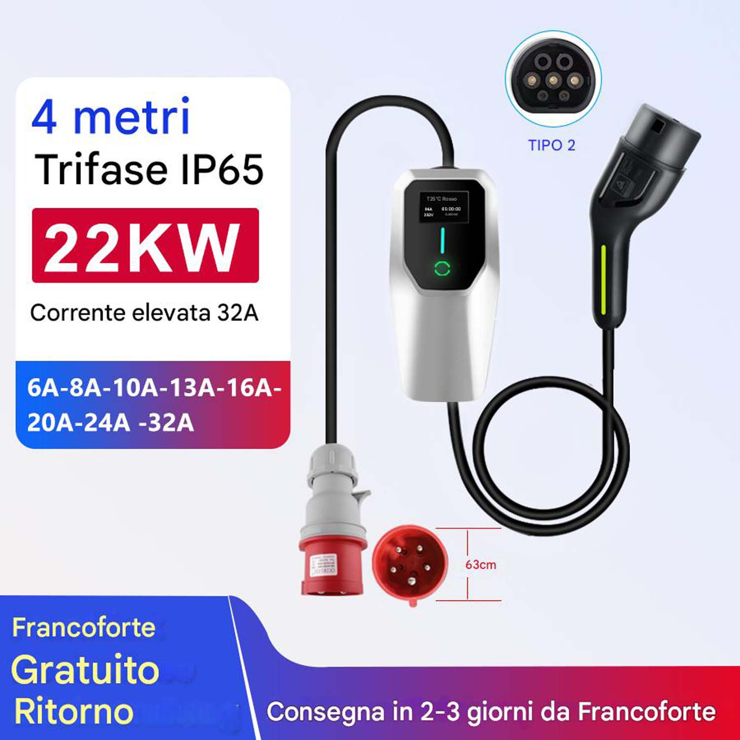 Caricabatterie EV con più spine, cavo e scatola di controllo. Il testo indica 4 metri e 22KW di potenza.