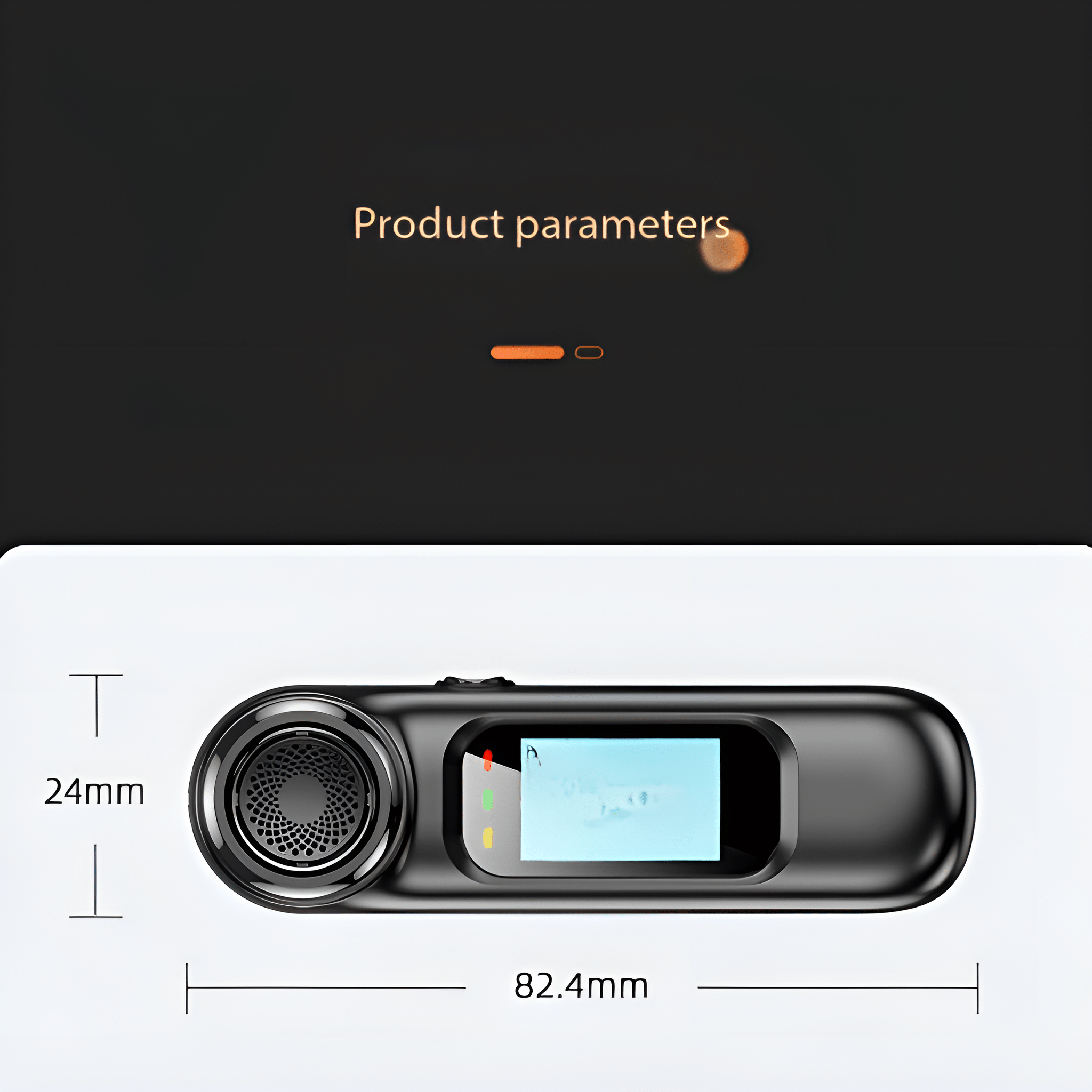 Schwarzes Audiorekorder mit Maßen. Es hat ein Display und einen Lautsprecher.