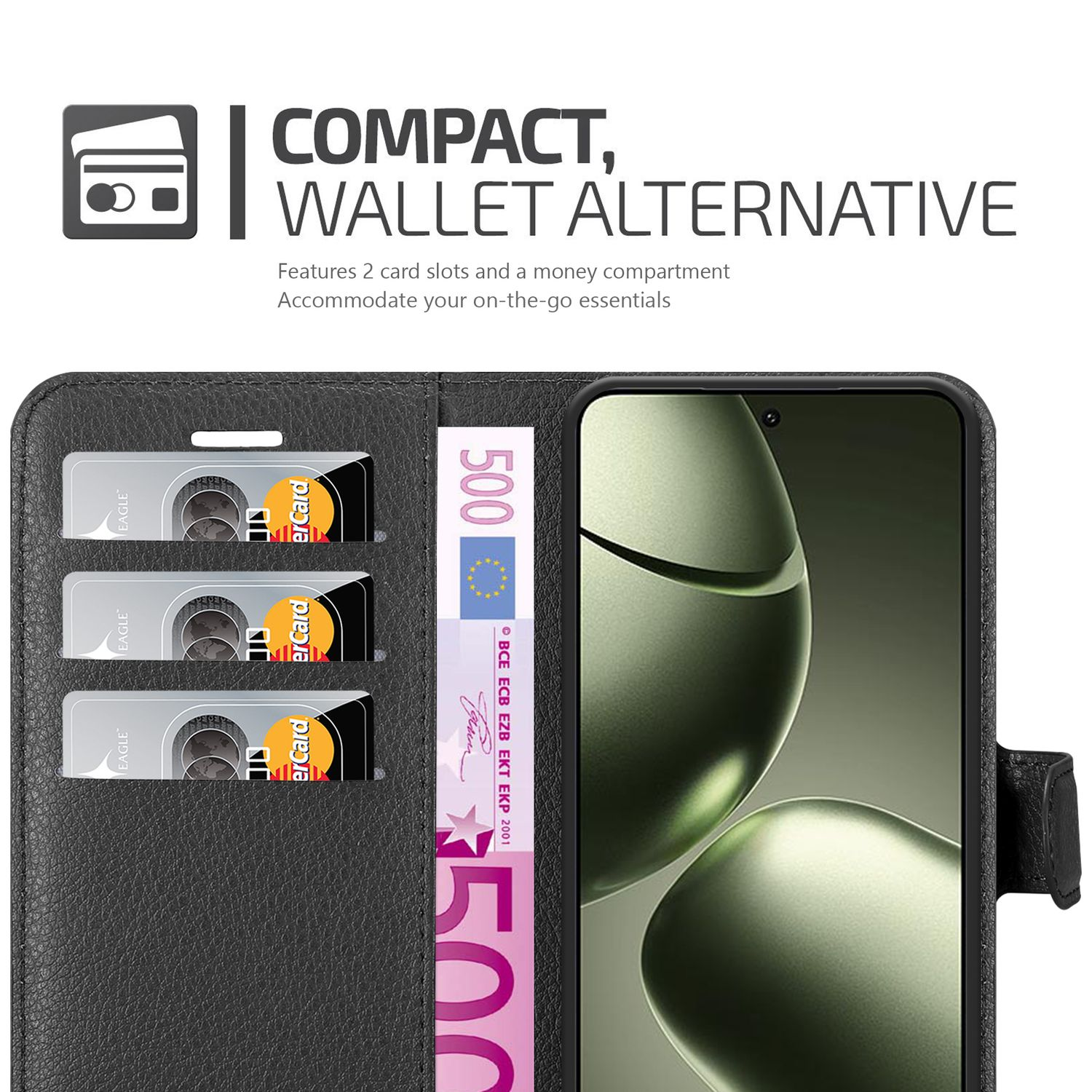 Schwarzes Wallet Case mit 3 Kartenfächern und einem Geldfach mit 500 Euro Schein.