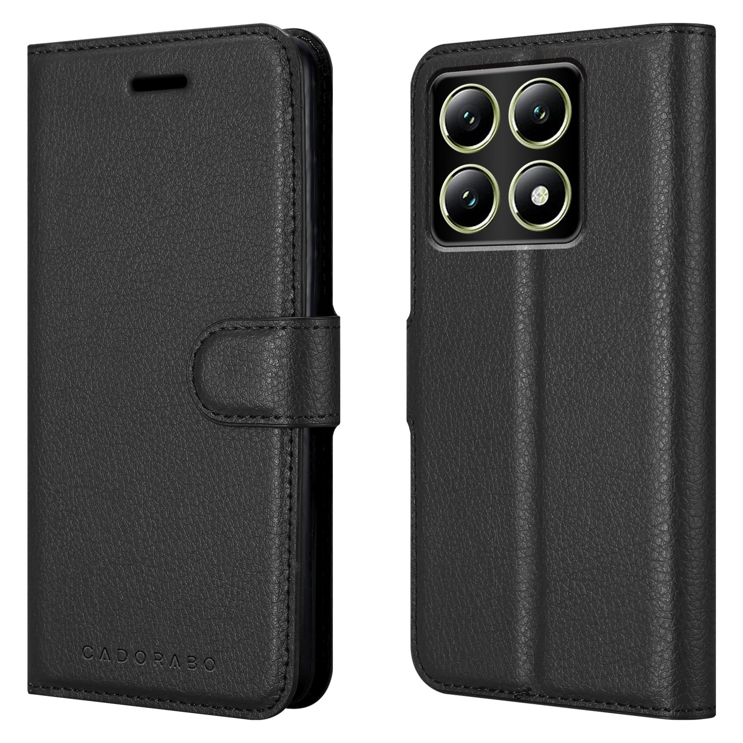 Schwarze Leder-Handyhülle, links geschlossen und rechts geöffnet, zeigt ein Telefon im Inneren.