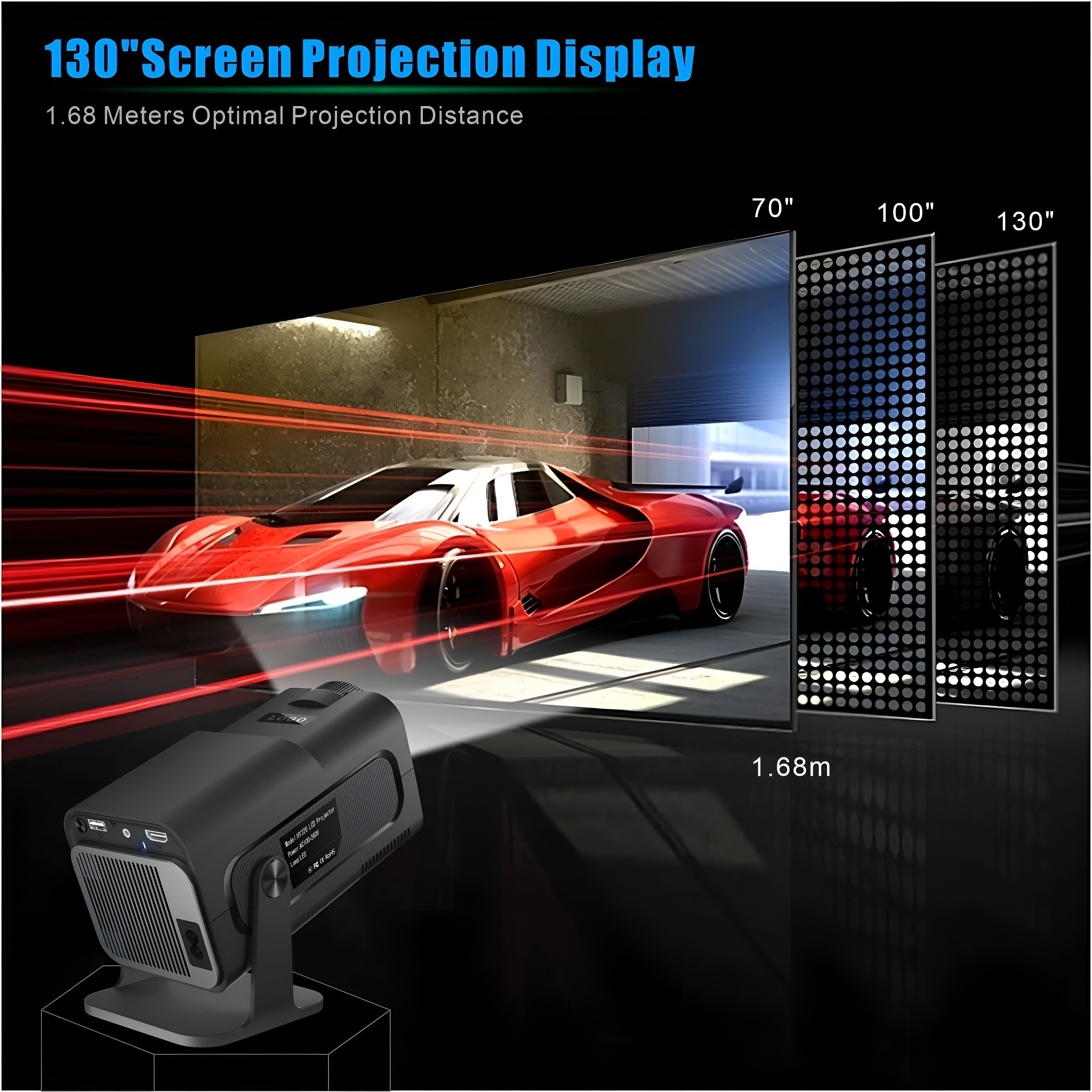 Ein Projektor, der ein rotes Auto auf einer Leinwand zeigt. Es zeigt auf 70", 100" und 130" Bildschirme.