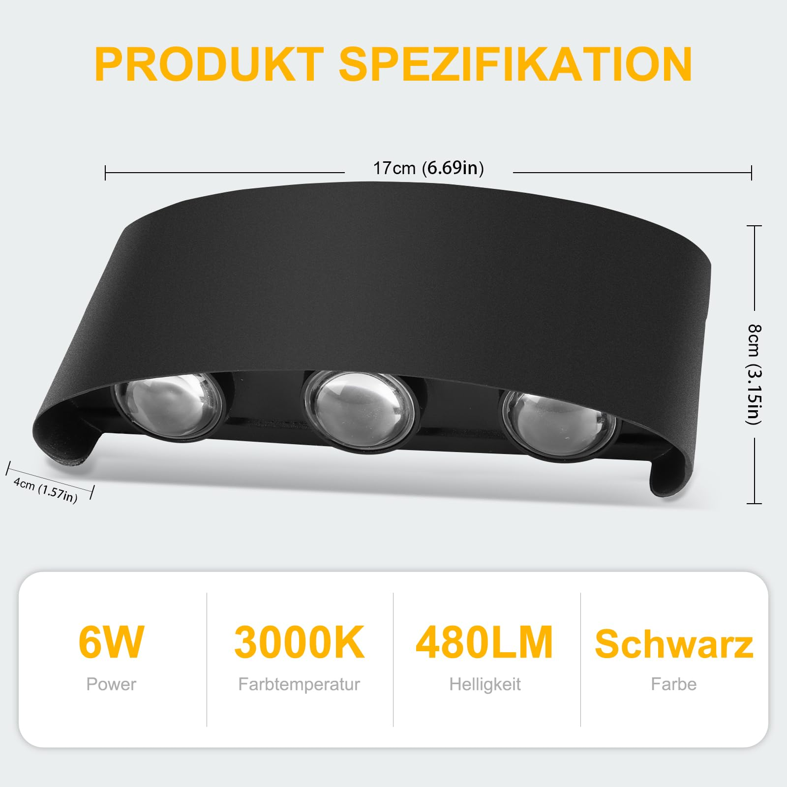 Schwarze Außenwandleuchte. Abmessungen und Spezifikationen werden in deutschem Text angezeigt.