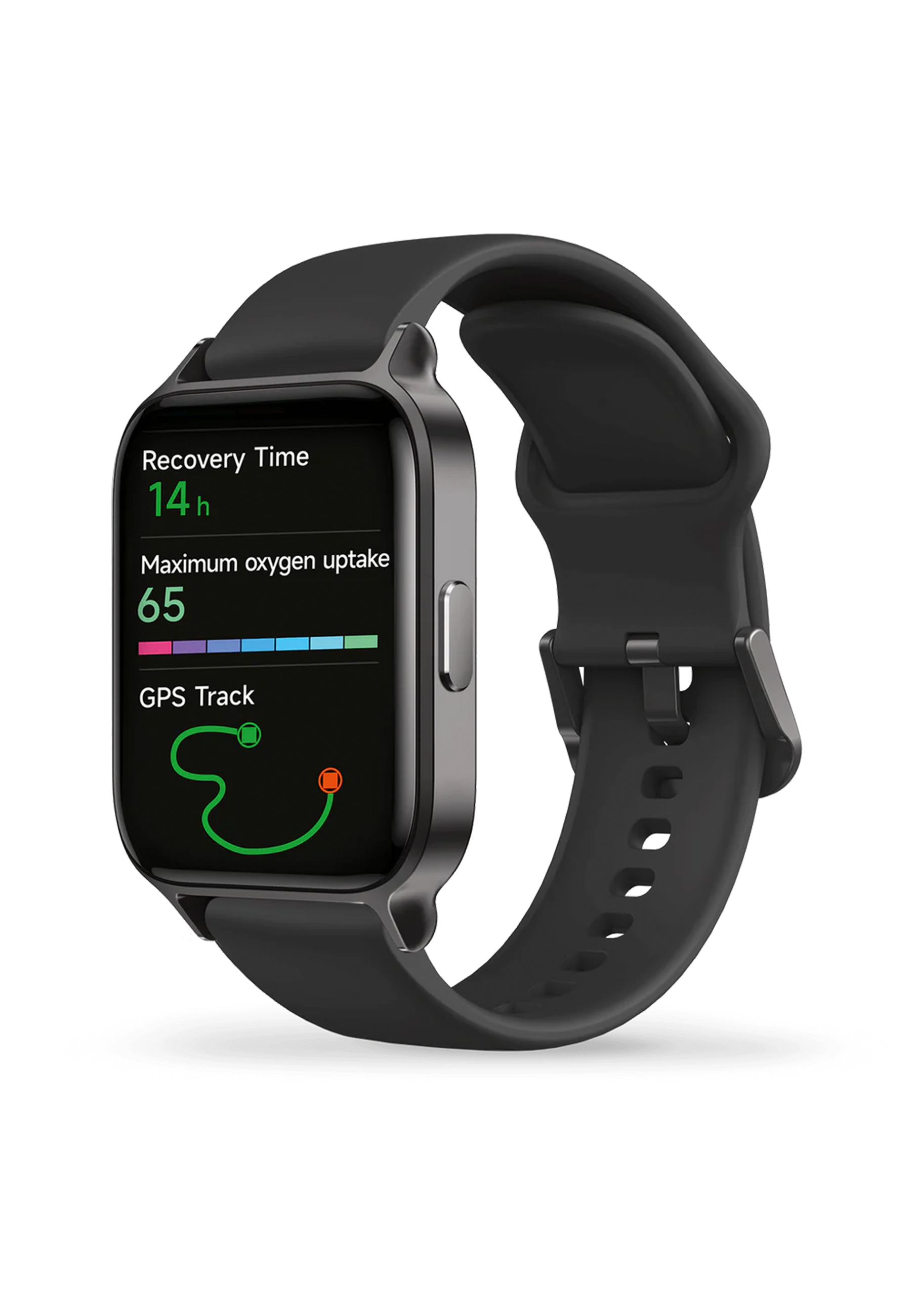 Schwarze Smartwatch mit schwarzem Armband. Zeigt Erholungszeit, maximale Sauerstoffaufnahme und GPS-Track.
