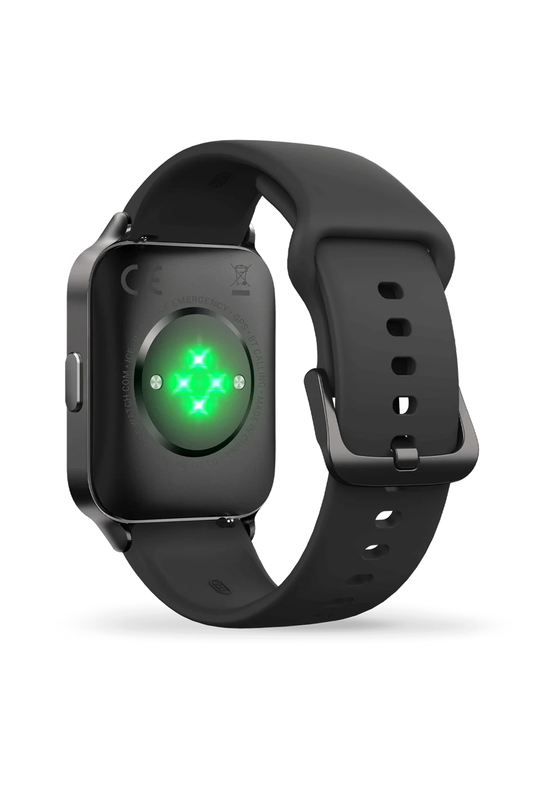 Schwarze Smartwatch mit Armband, die Rückseite zeigt den Herzfrequenzsensor mit grünen Lichtern.