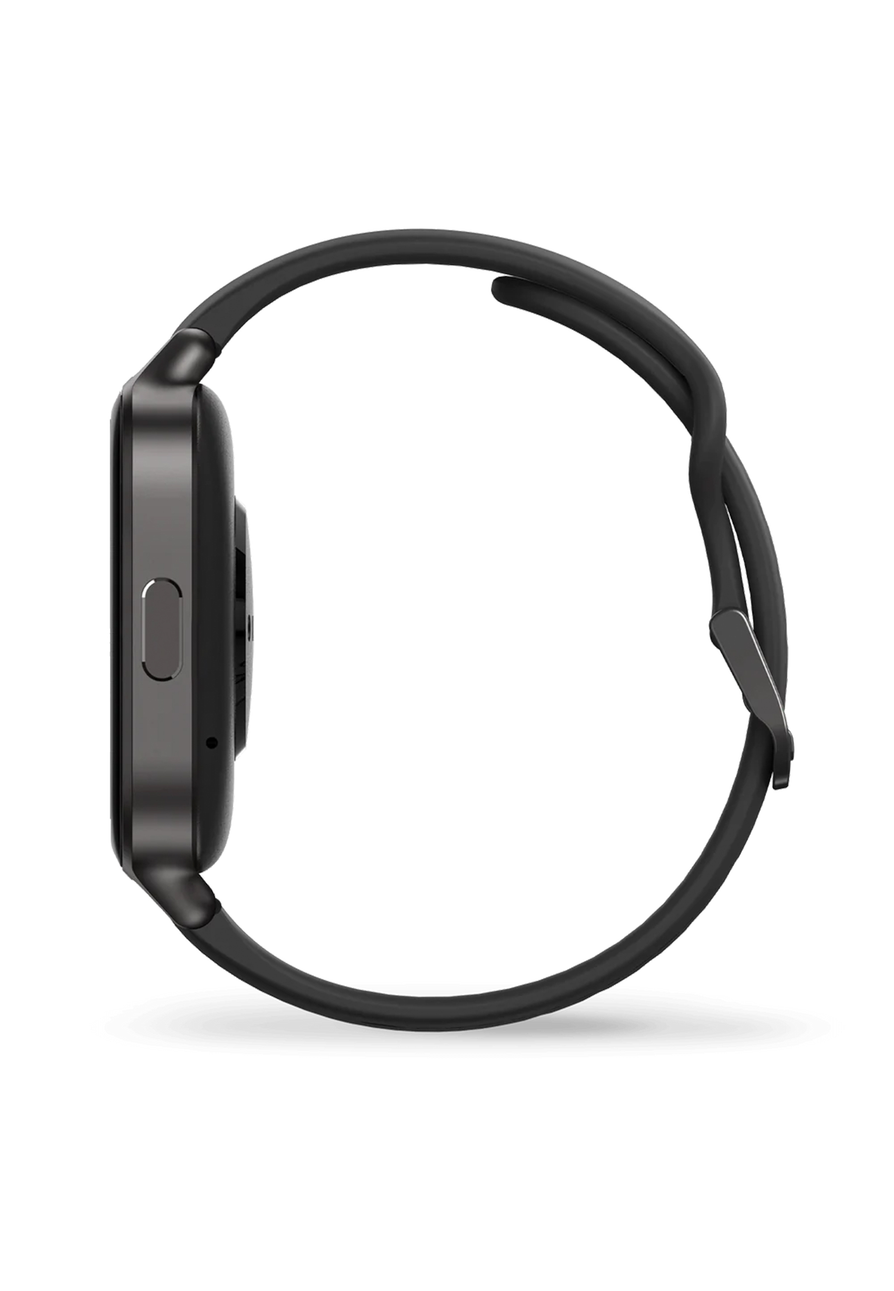 Seitenansicht einer schwarzen Smartwatch mit schwarzem Armband auf weißem Hintergrund. Die Form ist quadratisch.