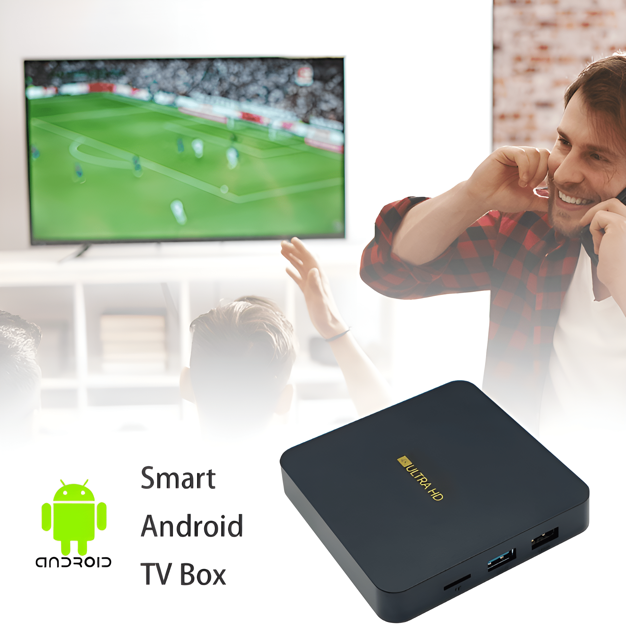Eine Person telefoniert, ein Fernseher zeigt ein Fußballspiel, und eine Android TV-Box ist im Fokus.