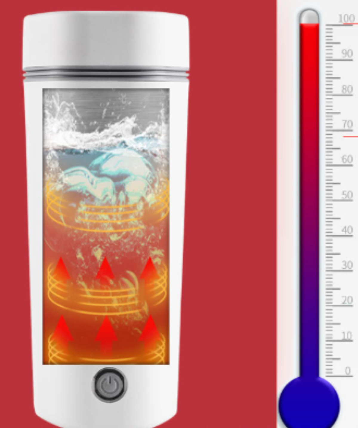 Ein weißer Wasserkocher mit rotem Thermometer. Das Innere zeigt das Wasser mit Blasen und Heizzeichen.