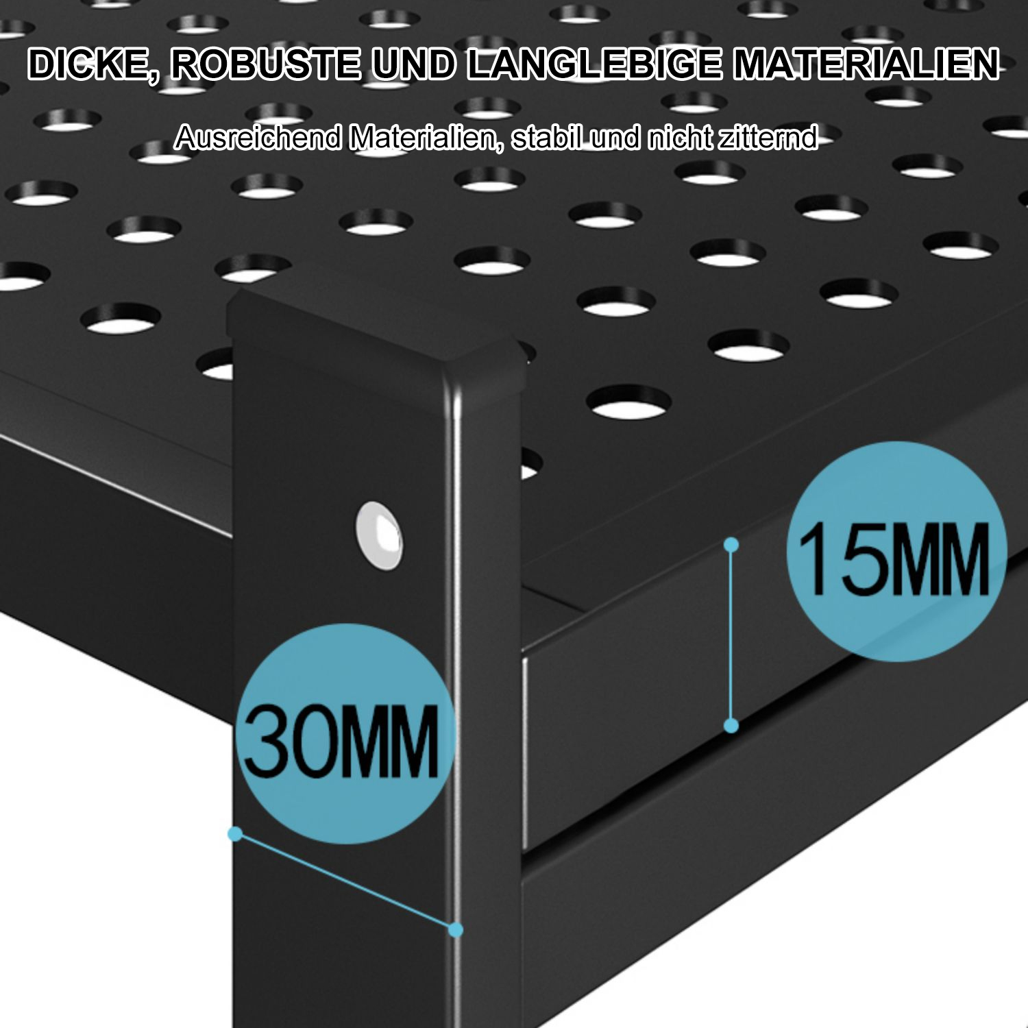 Schwarze Metallstruktur. Zeigt Messungen, 30 mm und 15 mm, und die Oberfläche des robusten Materials.