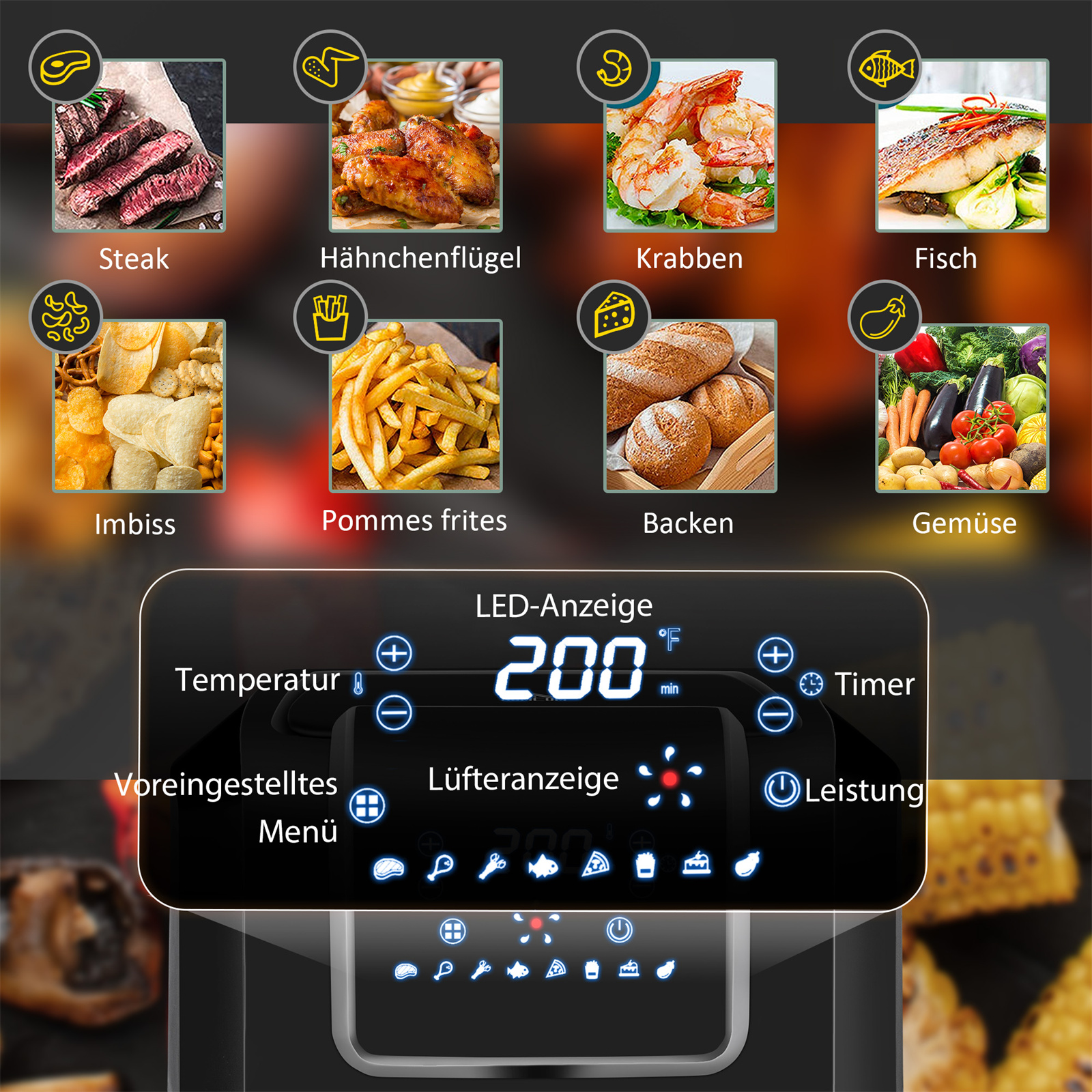 Eine Heißluftfritteuse mit Digitalanzeige, die Essenssymbole und Temperatureinstellungen zeigt.