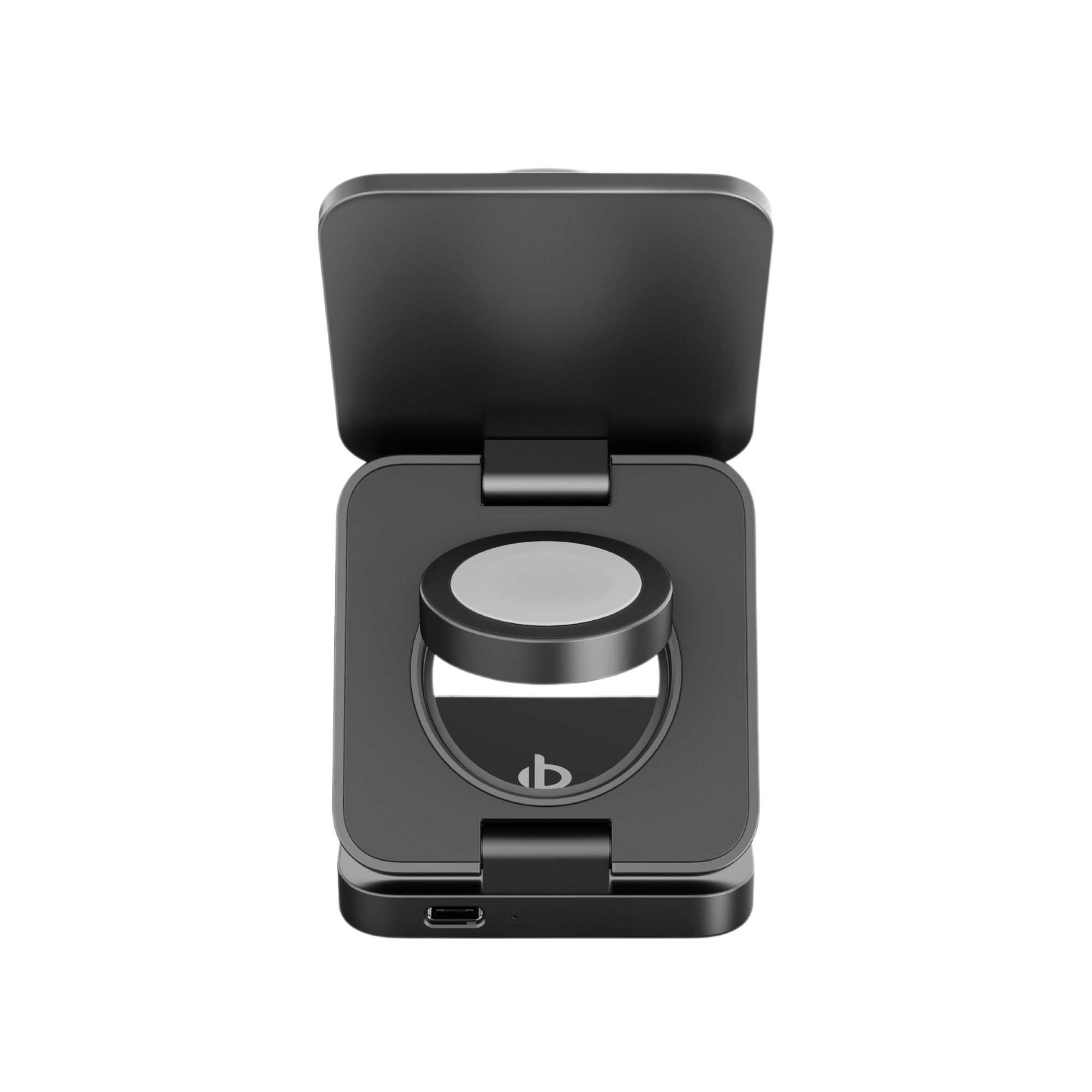 Schwarze Ladestation für eine Smartwatch oder ein ähnliches Gerät. Offenes Design.