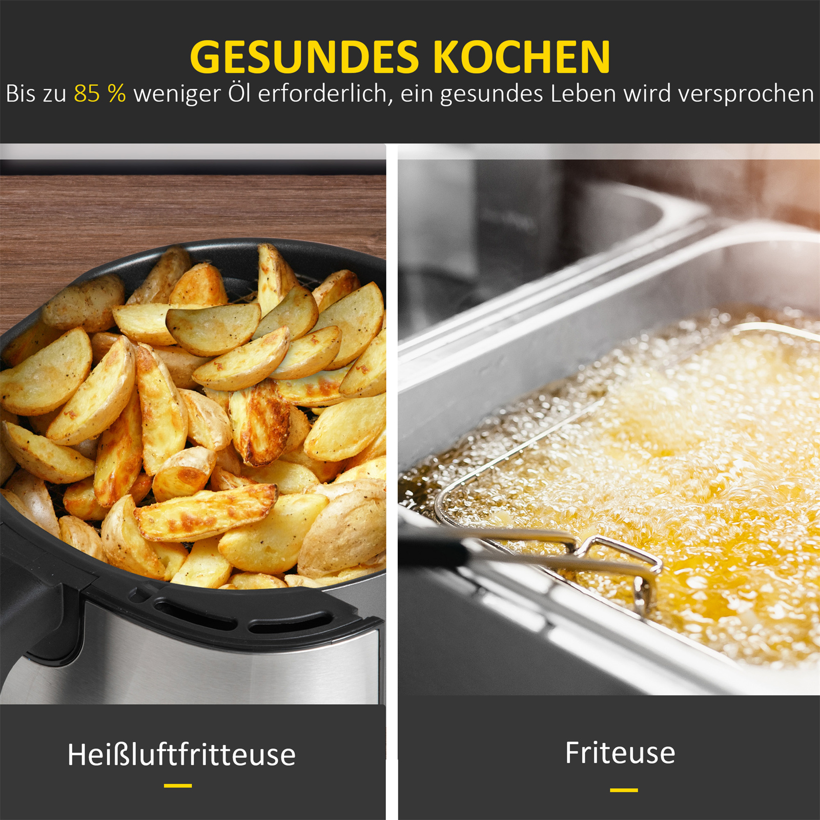 Heißluftfritteuse und Fritteuse nebeneinander. Der Text lautet: 'Gesundes Kochen. Bis zu 85 % weniger Öl erforderlich.'