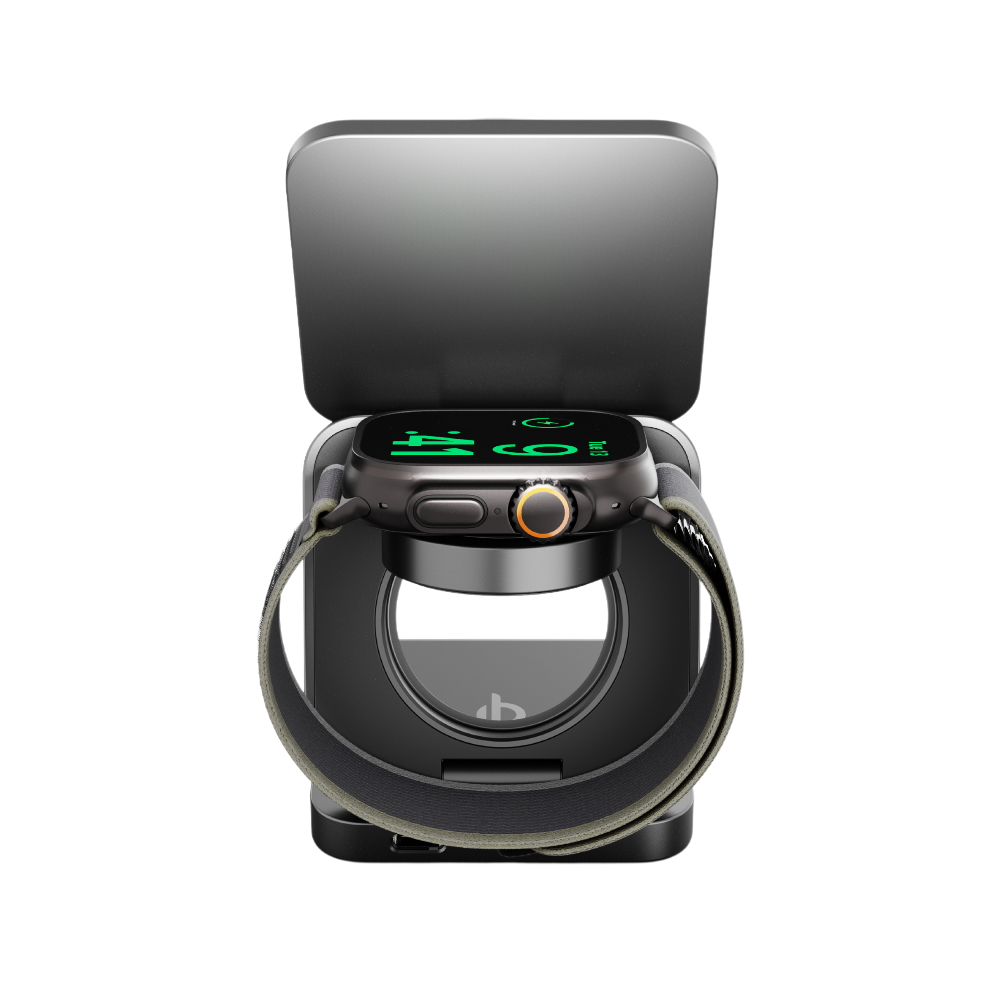 Schwarzer Apple Watch-Ladeständer mit Uhr und Armband vor weißem Hintergrund.
