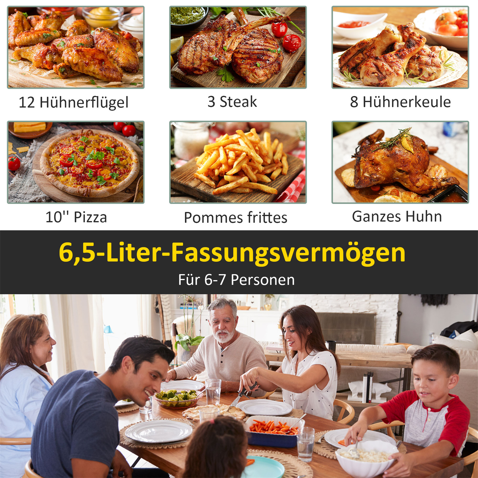 Eine Familie genießt eine Mahlzeit mit verschiedenen Gerichten wie Chicken Wings, Steak und Pizza.
