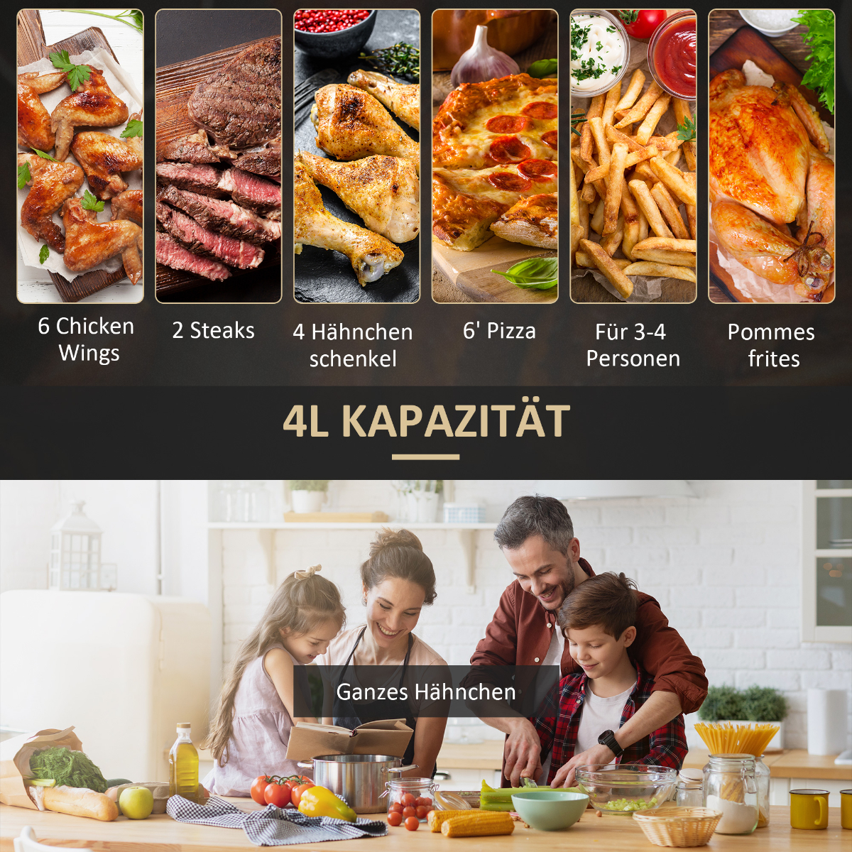 Eine Familie kocht zusammen. Das Bild zeigt verschiedene Arten von Essen.