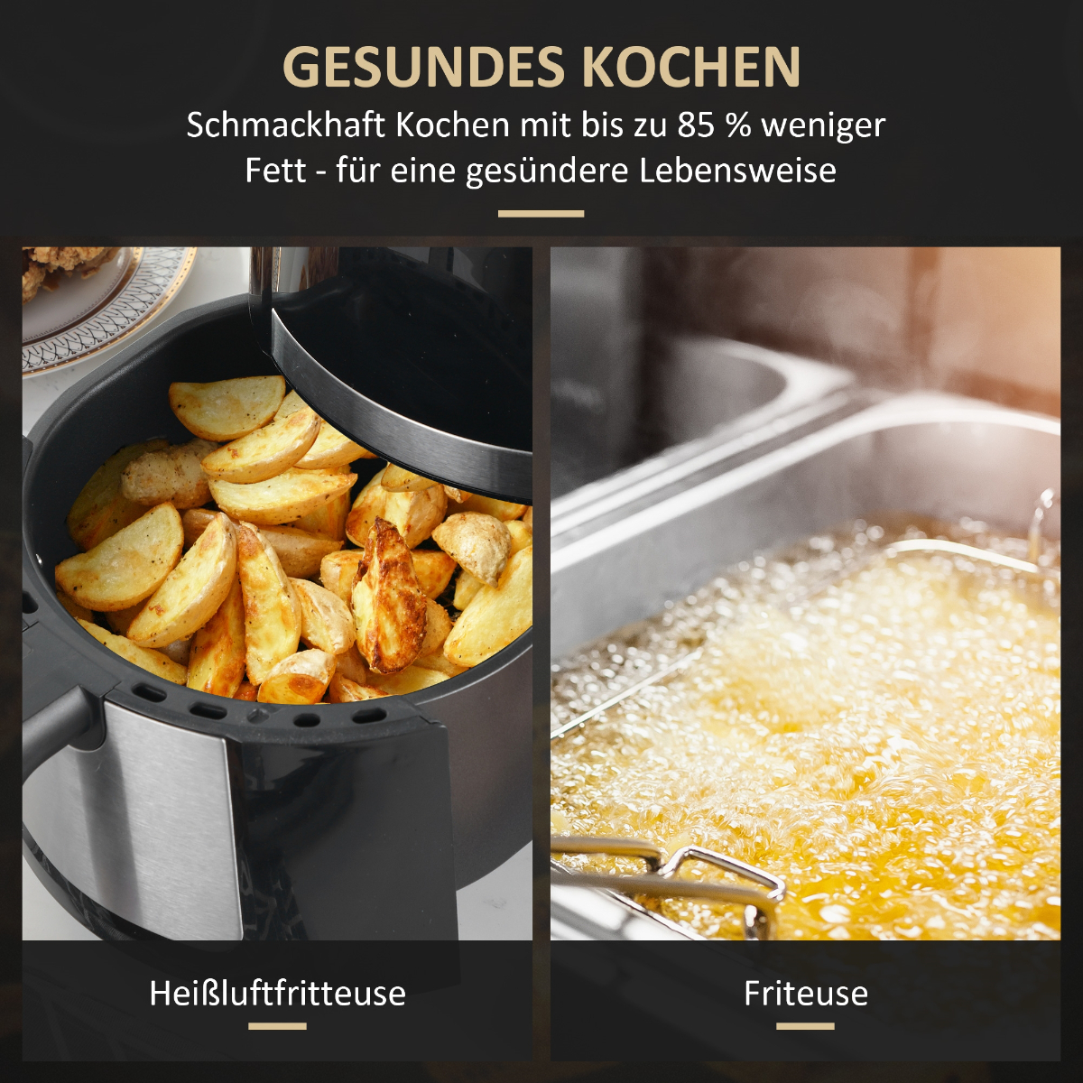 Ein geteiltes Bild. Links: Heißluftfritteuse mit Kartoffeln. Rechts: Fritteuse mit Öl. Text-Overlay.