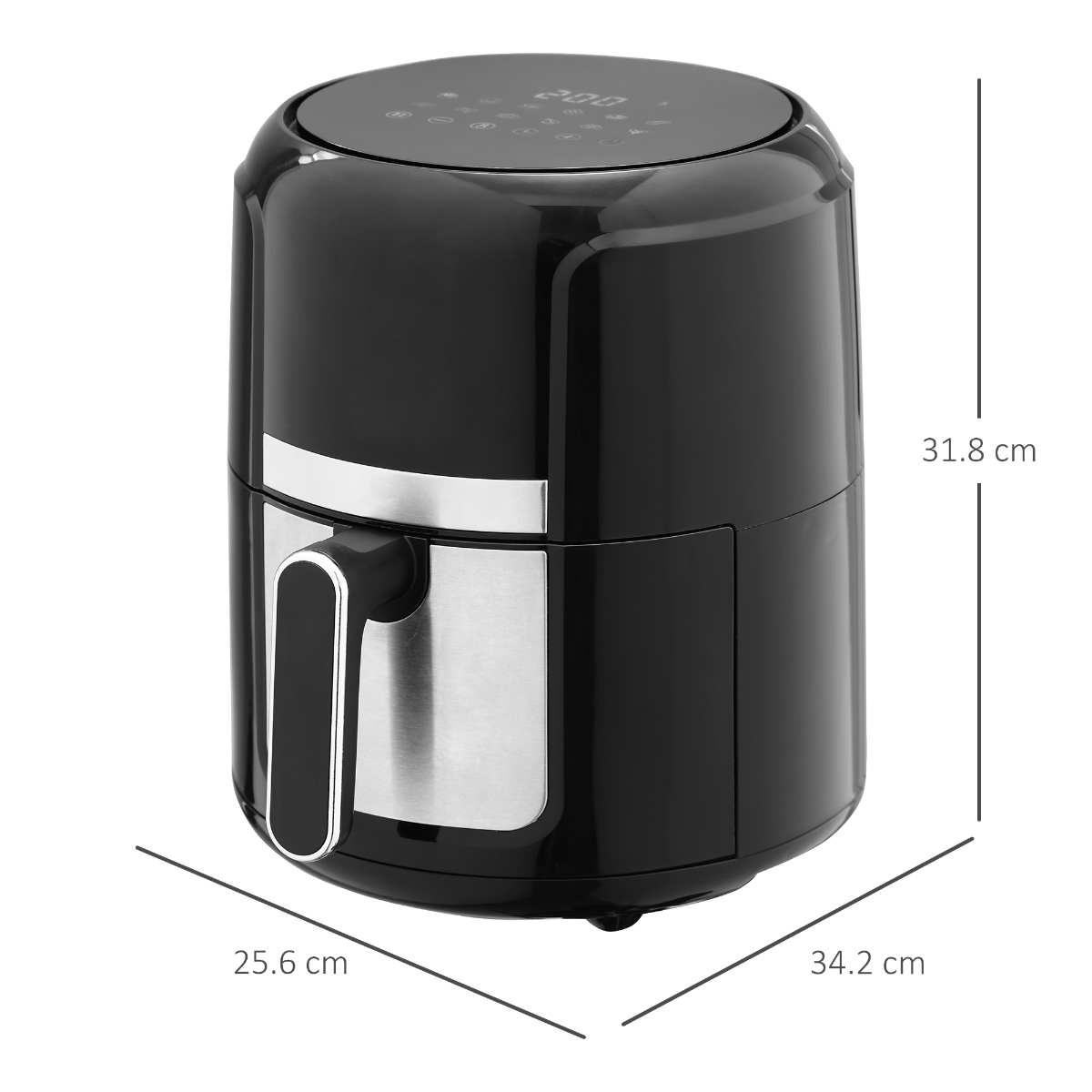 Eine schwarze Heißluftfritteuse mit markierten Abmessungen. Es hat einen Griff und ein digitales Display oben.