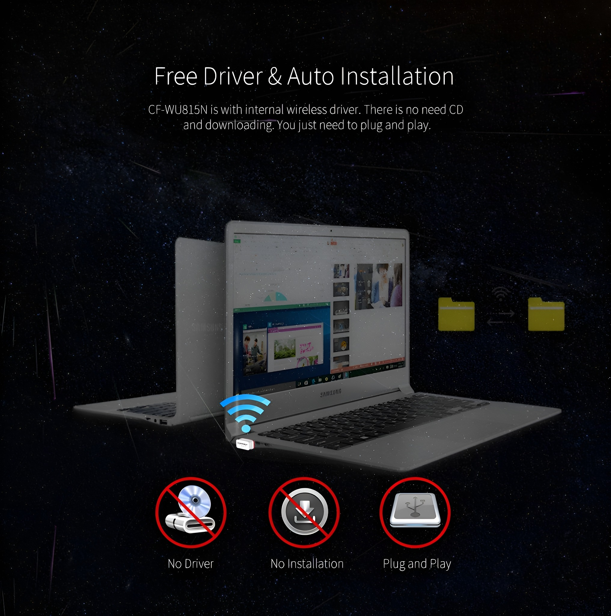 Laptop mit Text über Plug-and-Play-Installation, keine Treiber erforderlich. Zwei gelbe Ordner werden gezeigt.
