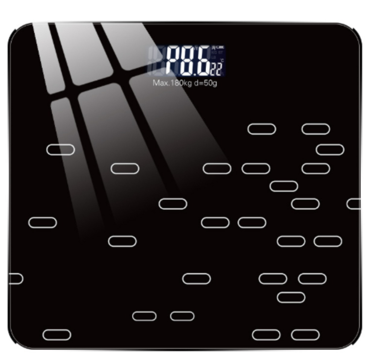 Eine schwarze digitale Badezimmerwaage, die ein Gewicht von 88,6 kg anzeigt. Es hat eine schwarze Oberfläche.
