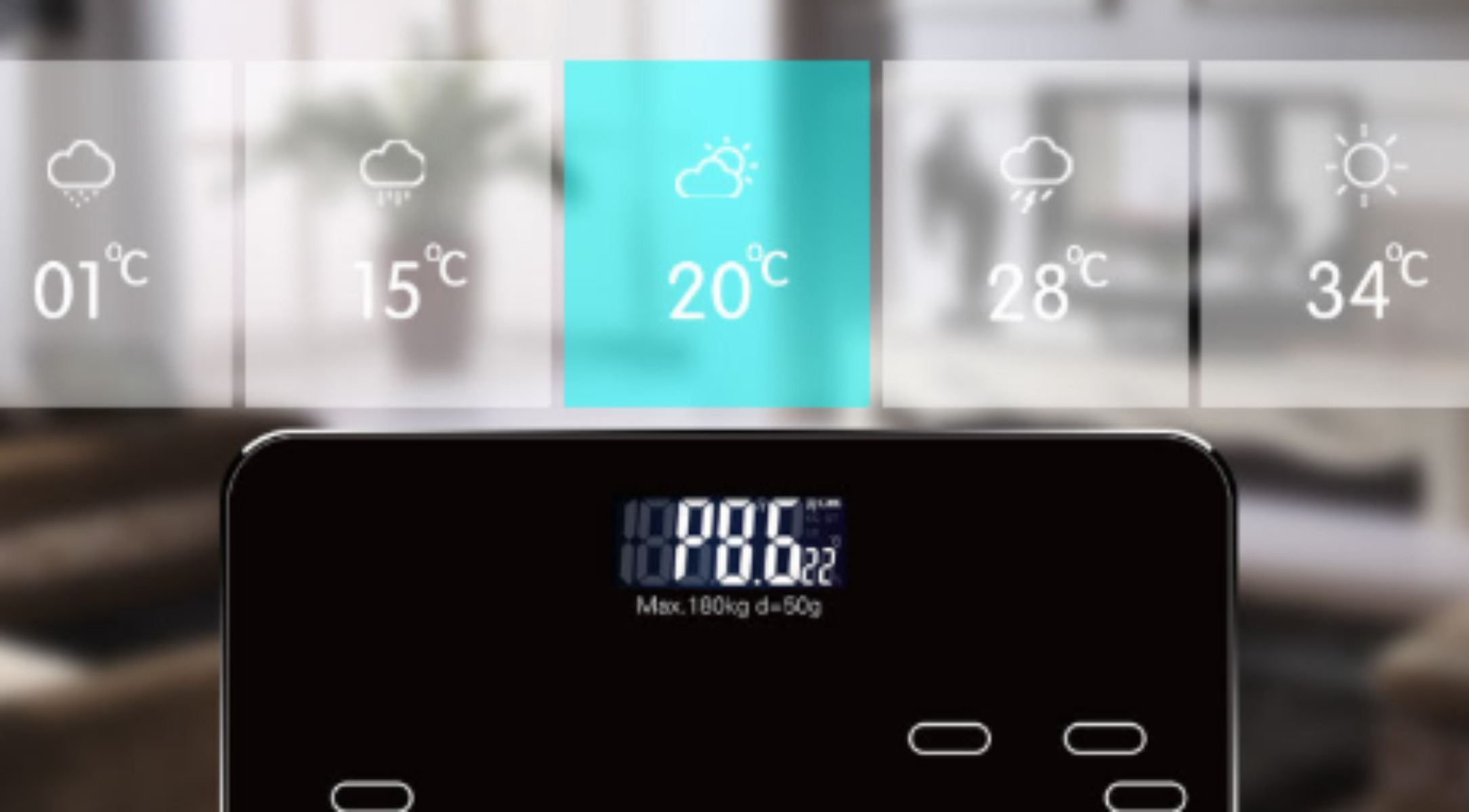 Schwarze Digitalwaage mit Wettersymbolen und Temperaturanzeigen. 20°C sind hervorgehoben.