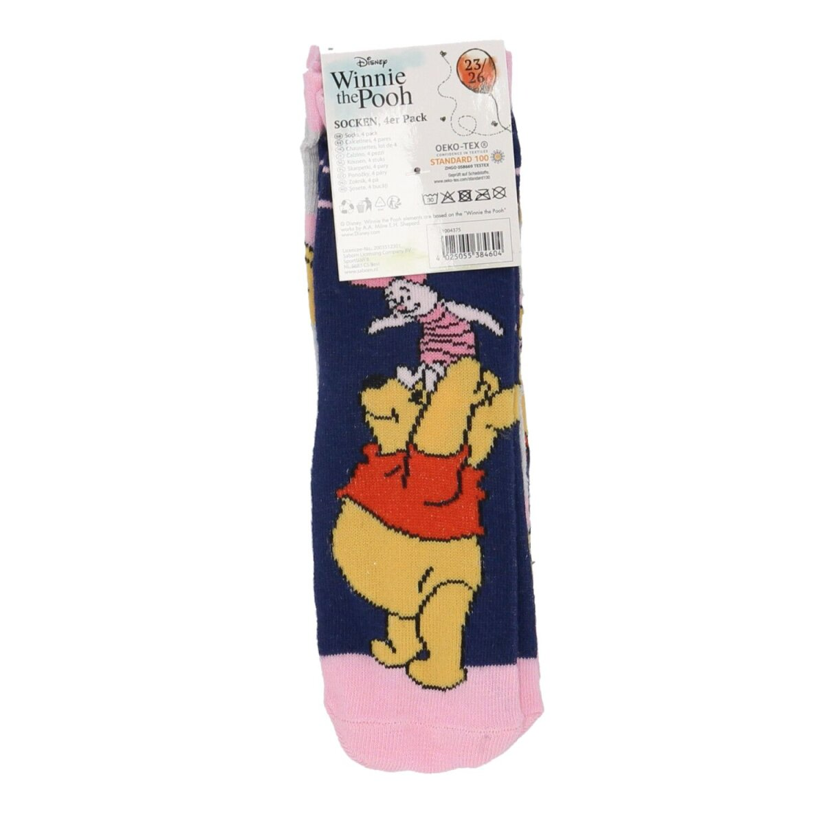 Winnie-the-Pooh-Socken, Rückseite der Socken. Winnie-the-Pooh- und Ferkel-Grafiken.
