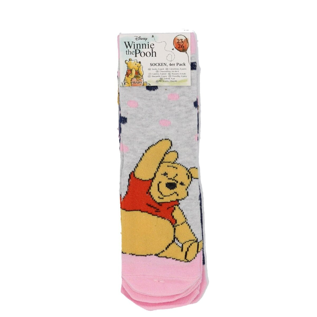 Socken mit Winnie Puuh. Die Socken sind grau mit rosa Akzenten. Winnie winkt.