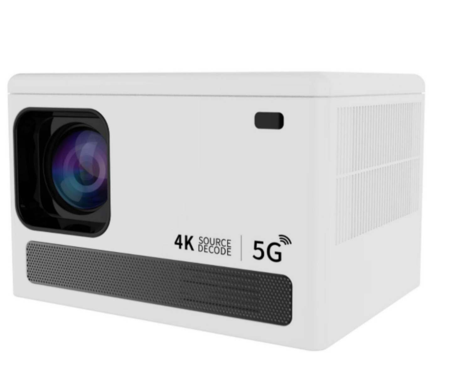 Weißer Projektor mit 4K-Decode- und 5G-Etiketten. Er befindet sich auf weißem Hintergrund.