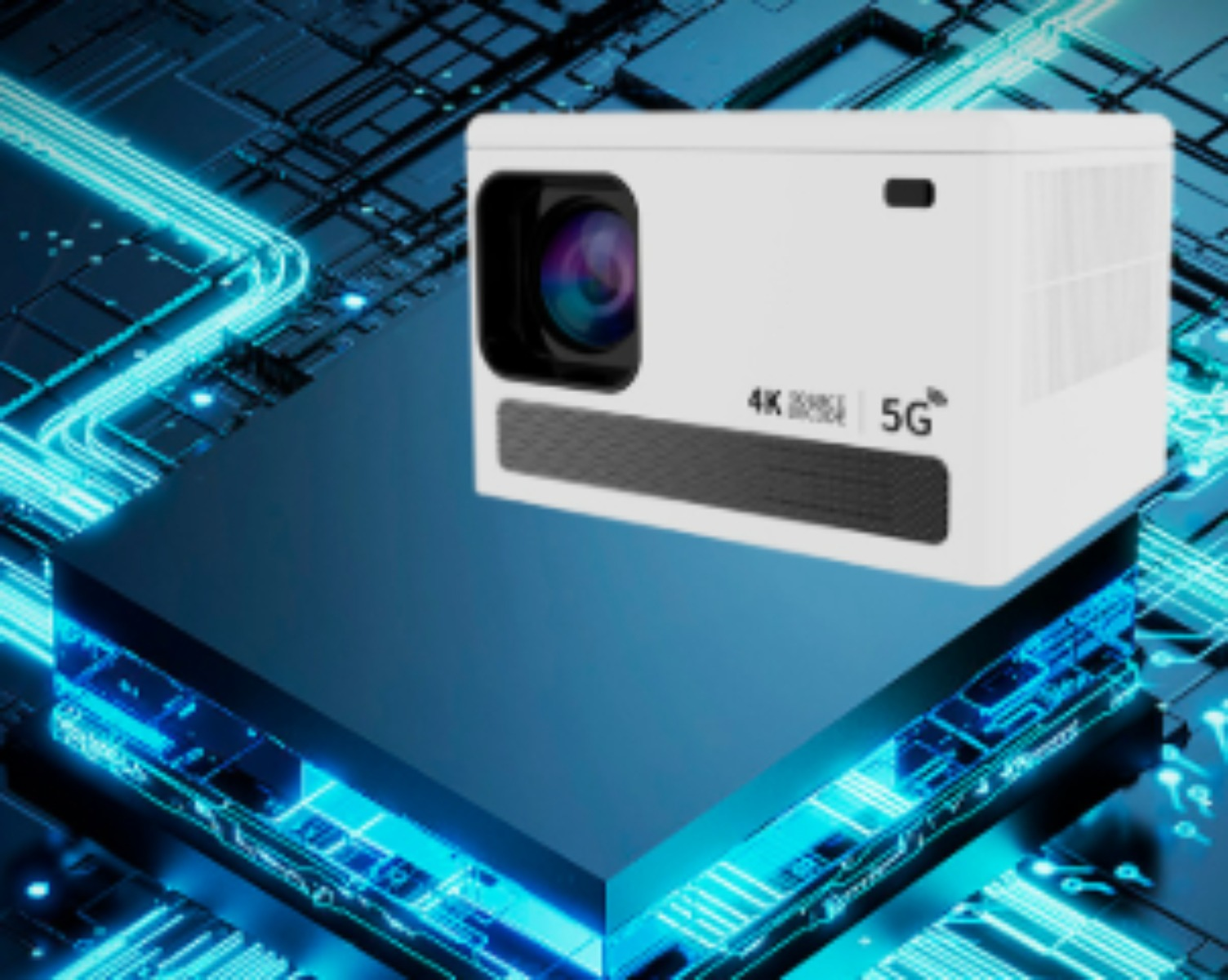 Weißer Projektor auf einer blauen Plattform. Der Text im Bild enthält 4K, 5G und den Produktnamen.
