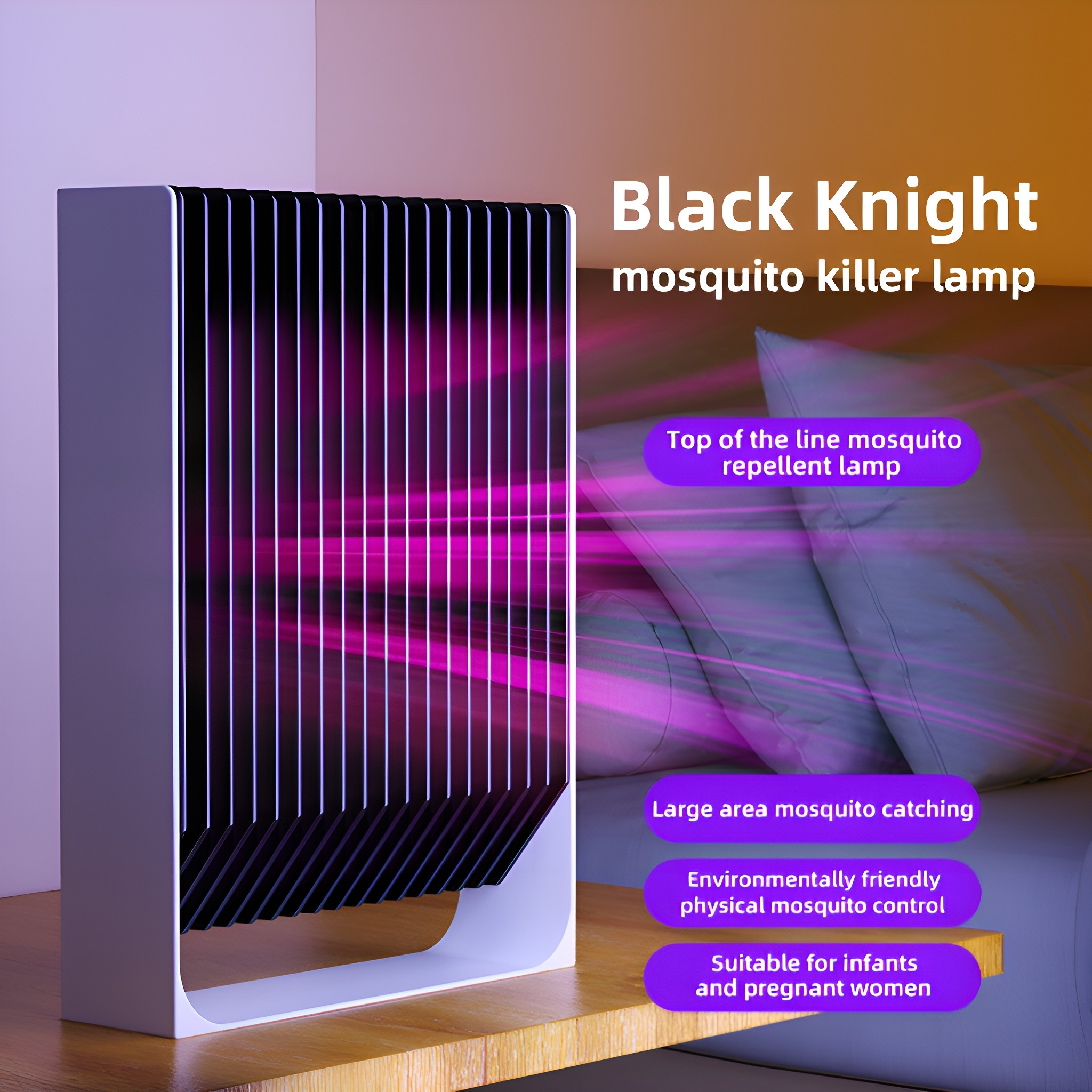 Weiße und schwarze Mückenvernichtungslampe mit violettem Licht, auf einer Holzoberfläche, mit Textbeschriftungen.
