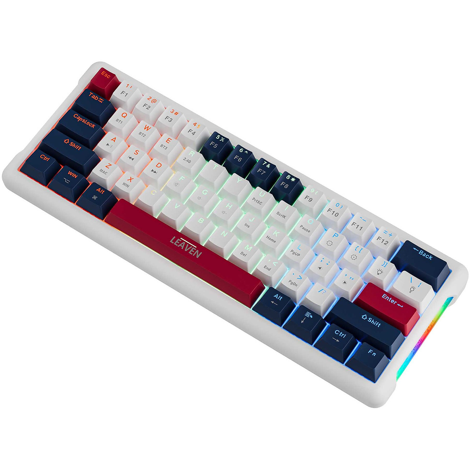 Weiße Tastatur mit verschiedenen farbigen Tasten. Das Wort LEAVEN steht auf der Leertaste.