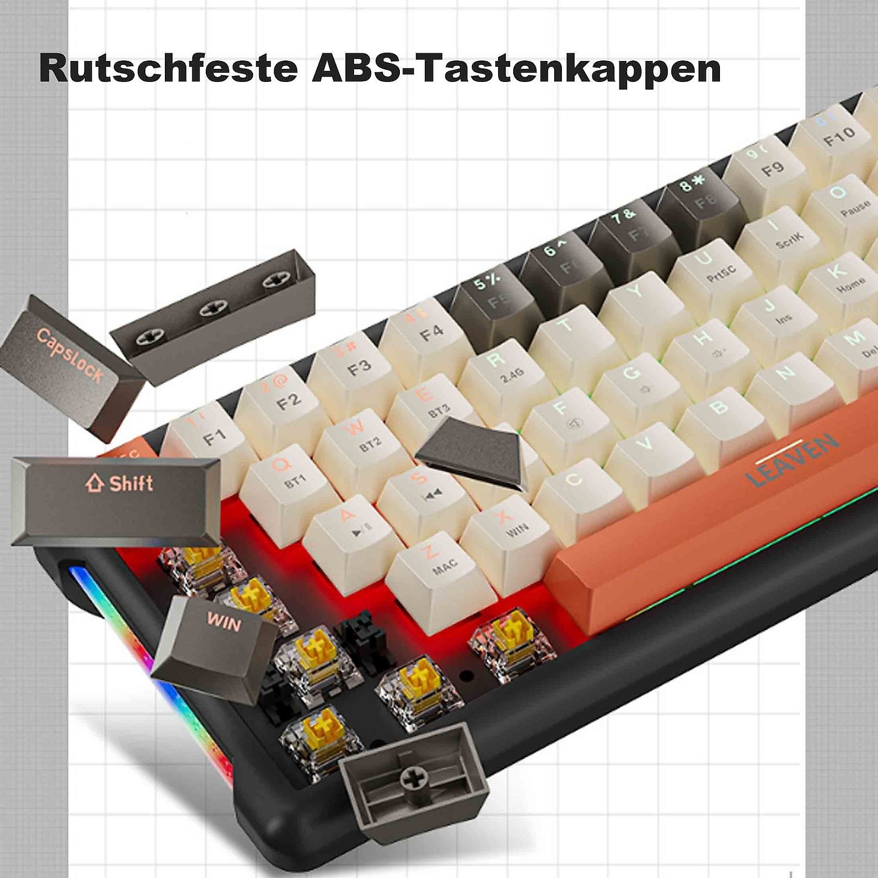 Tastatur mit Tastenkappen, abgelösten Tasten und Komponenten werden gezeigt.