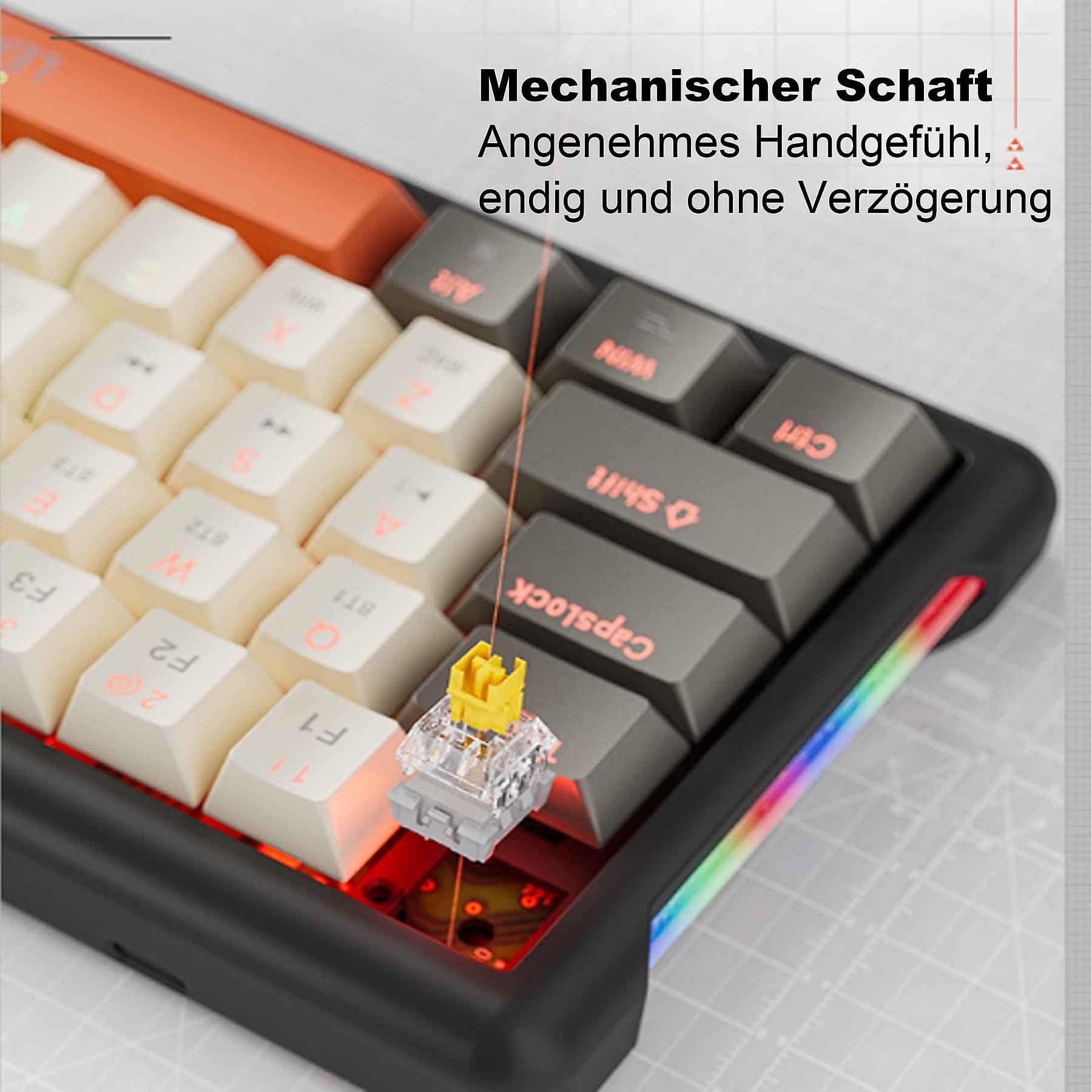 Nahaufnahme einer mechanischen Tastatur mit entfernter Taste, die den Schalter zeigt. Orange und graue Tasten.