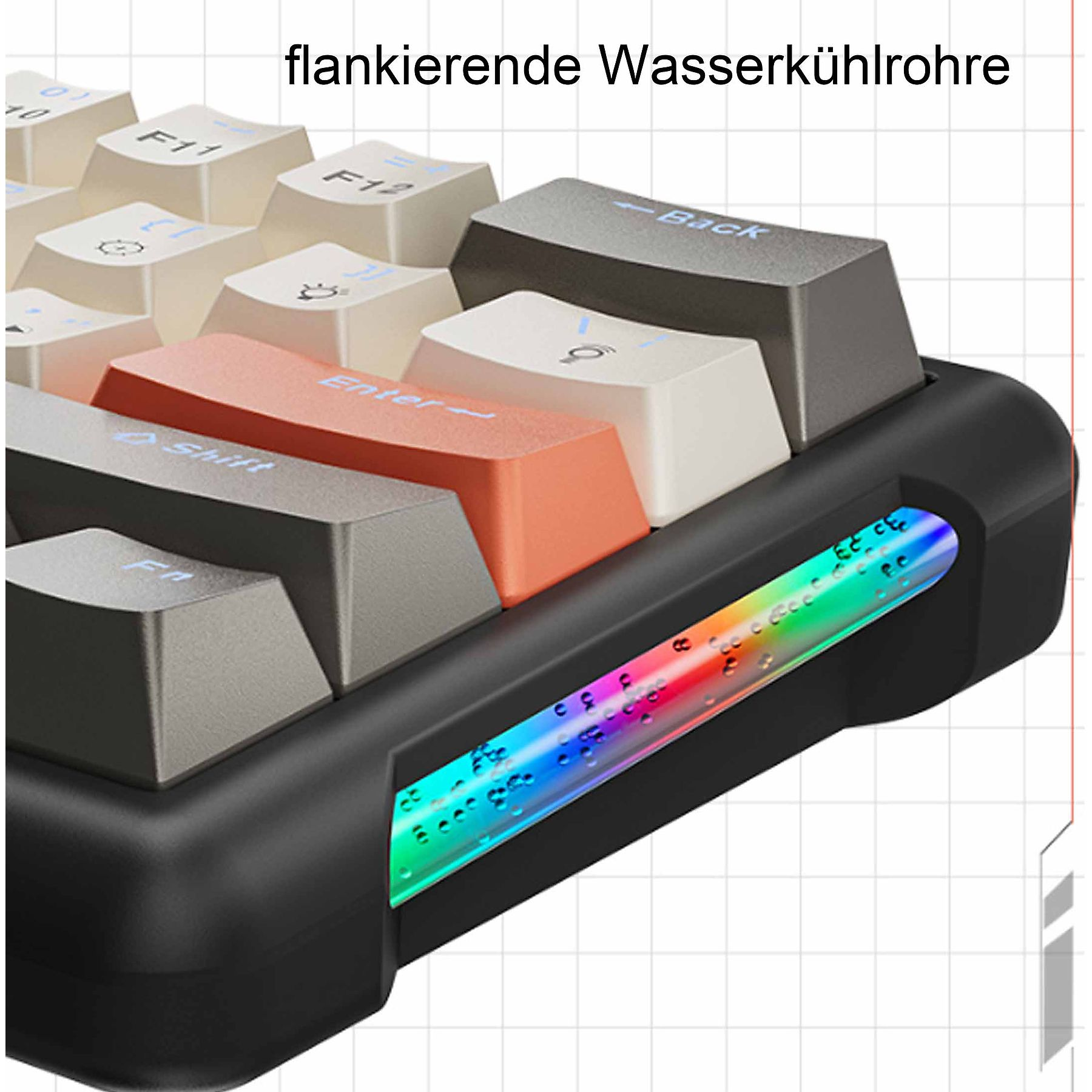 Nahaufnahme einer Tastatur mit bunten Tasten, einschließlich einer beleuchteten Seitenverkleidung.
