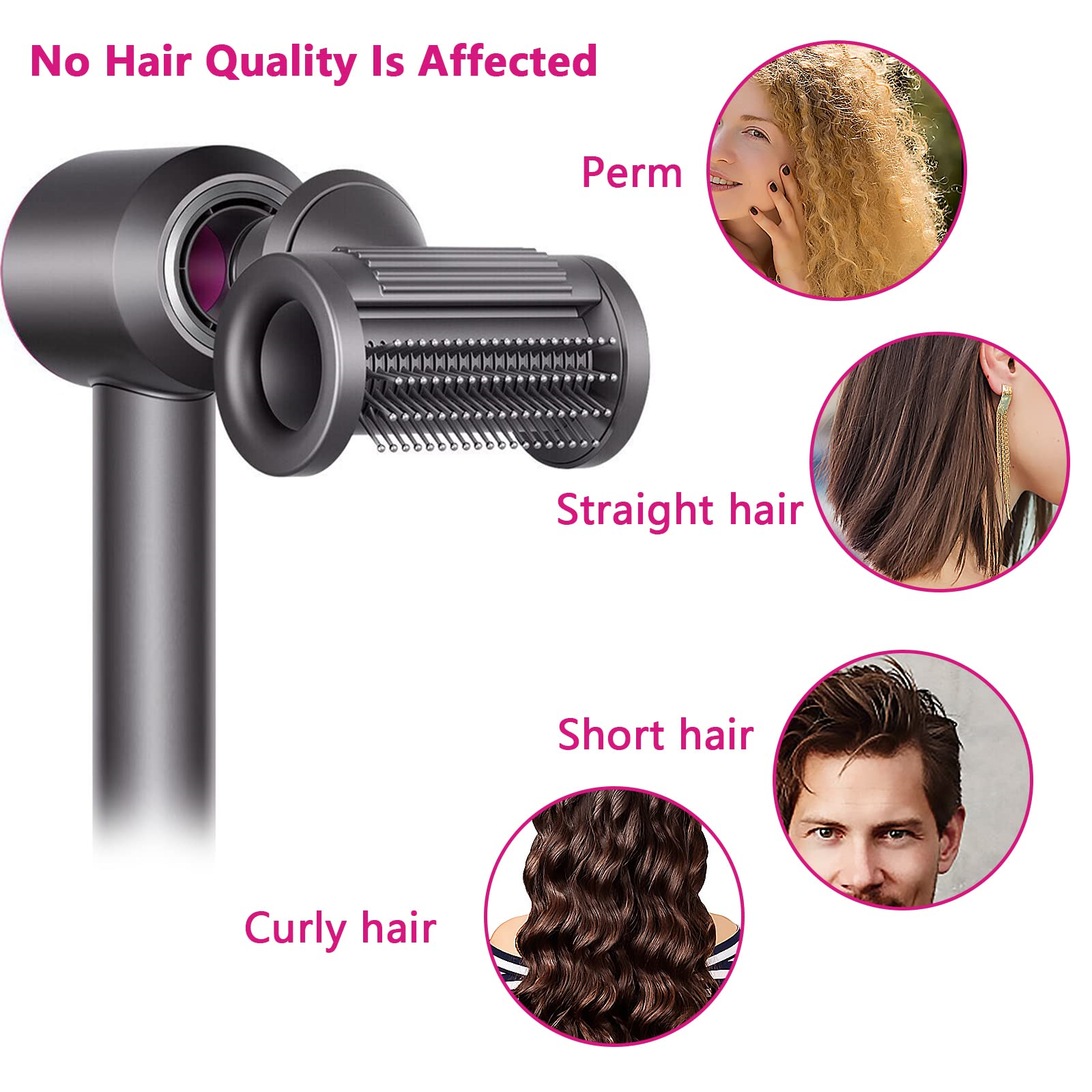 Ein Haarstyling-Tool mit verschiedenen Haartypen: Dauerwelle, glattes und kurzes Haar, mit rosa Hintergrund.