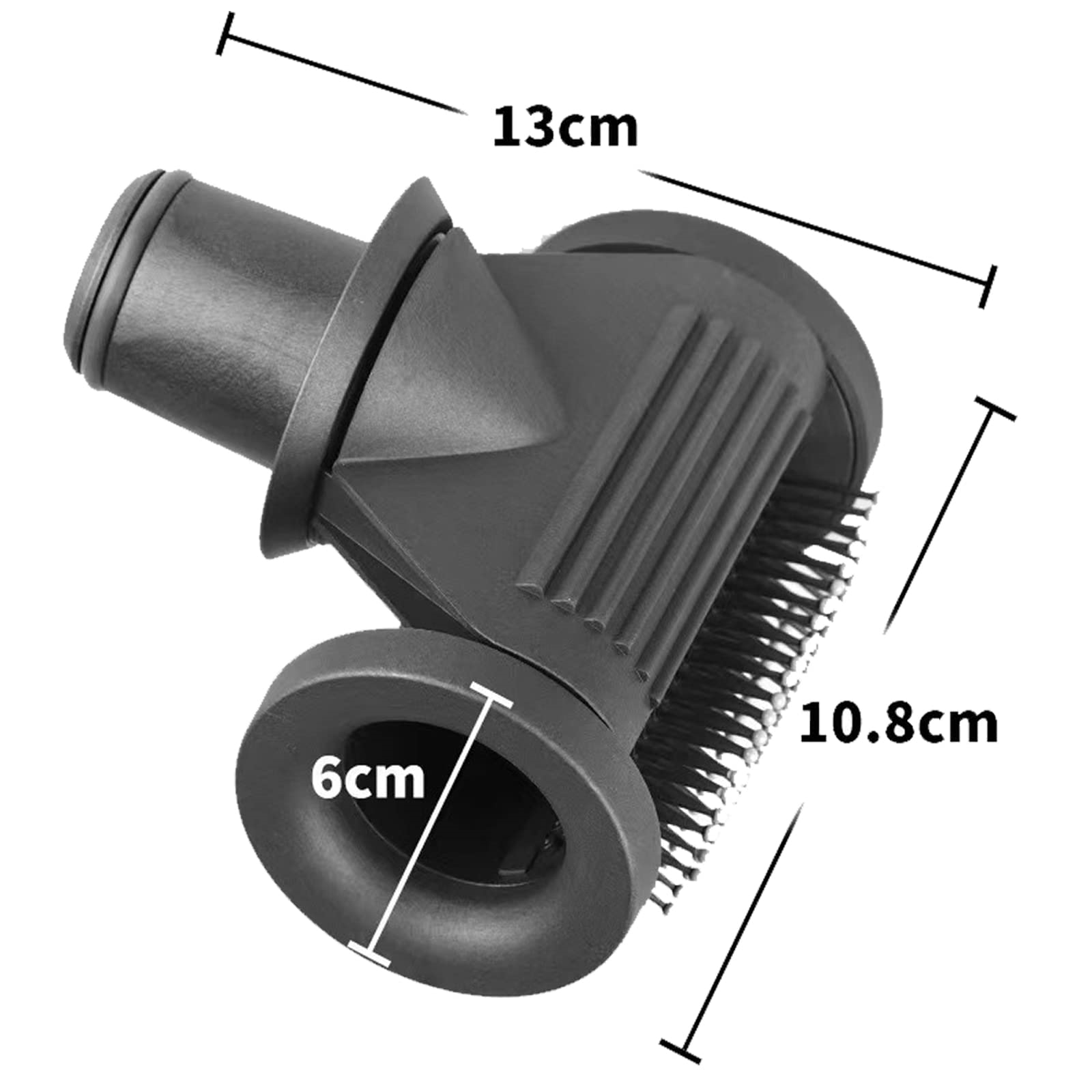 Schwarzer Staubsaugerbürstenaufsatz mit Abmessungen. 13 cm breit, 10,8 cm hoch und 6 cm Öffnung.