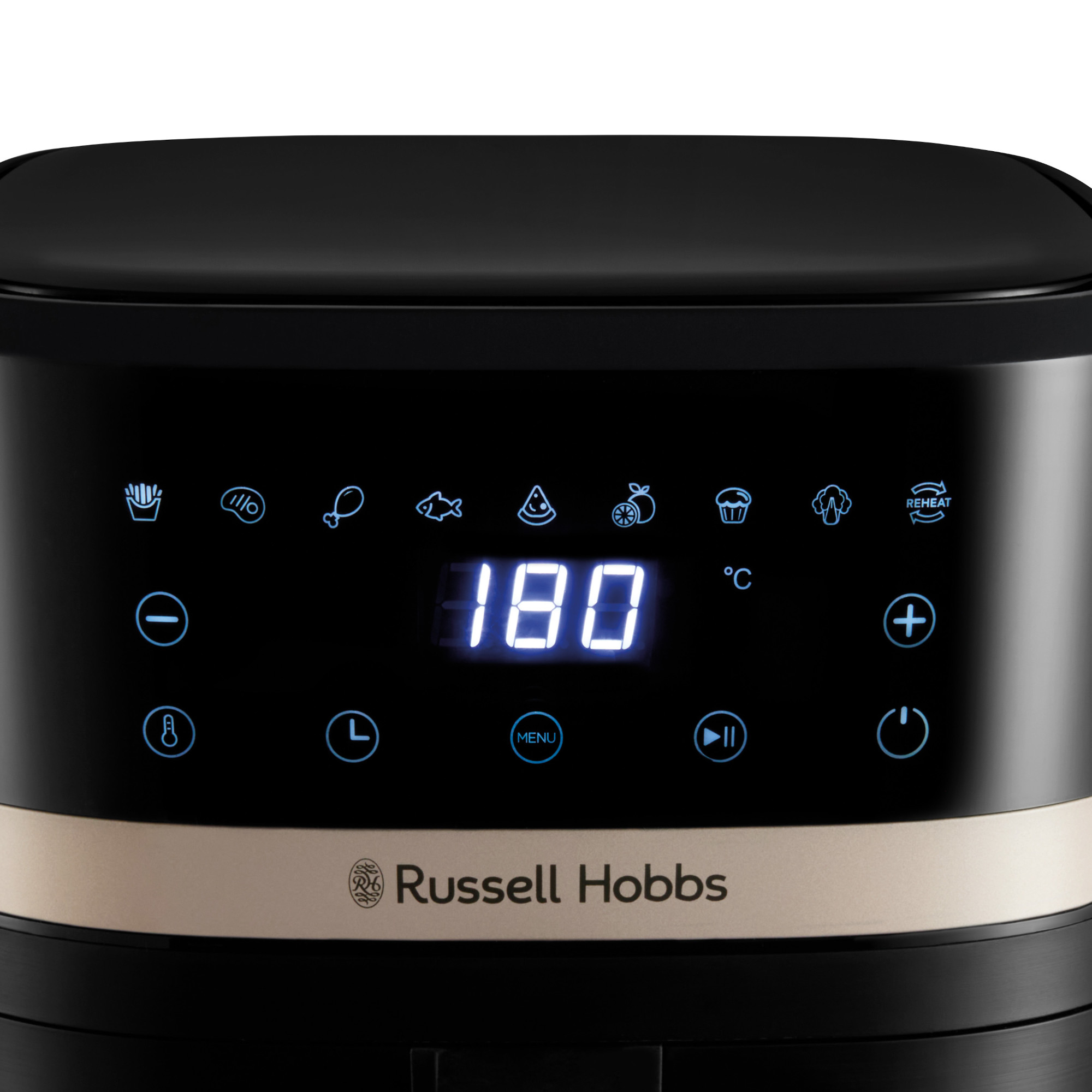 Schwarze Heißluftfritteuse mit Digitalanzeige, die 180°C anzeigt. Sie hat verschiedene Kochsymbole und das Russell Hobbs Logo.