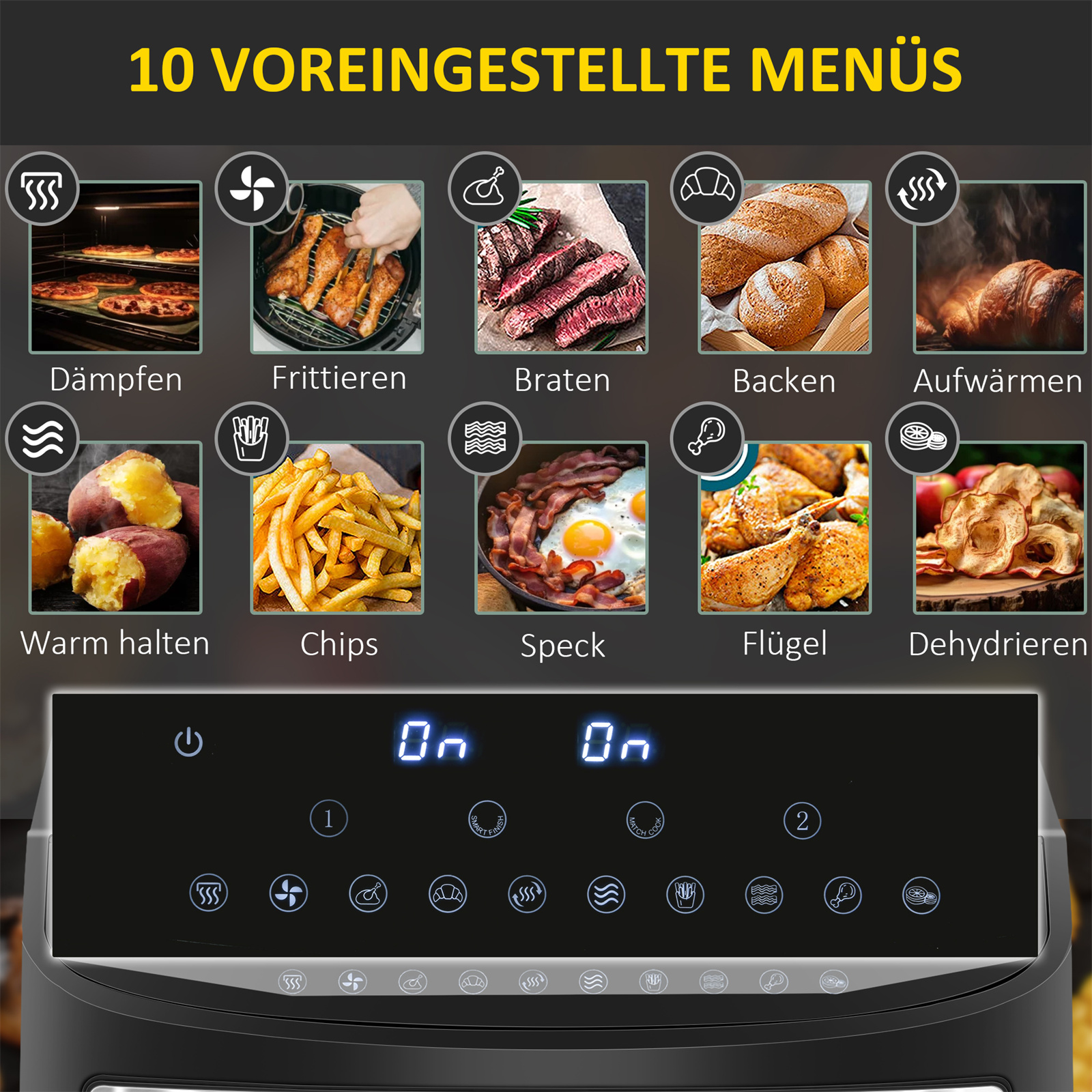 Heißluftfritteuse mit Menüoptionen. Bilder von Essensoptionen und ein digitales Display werden angezeigt.