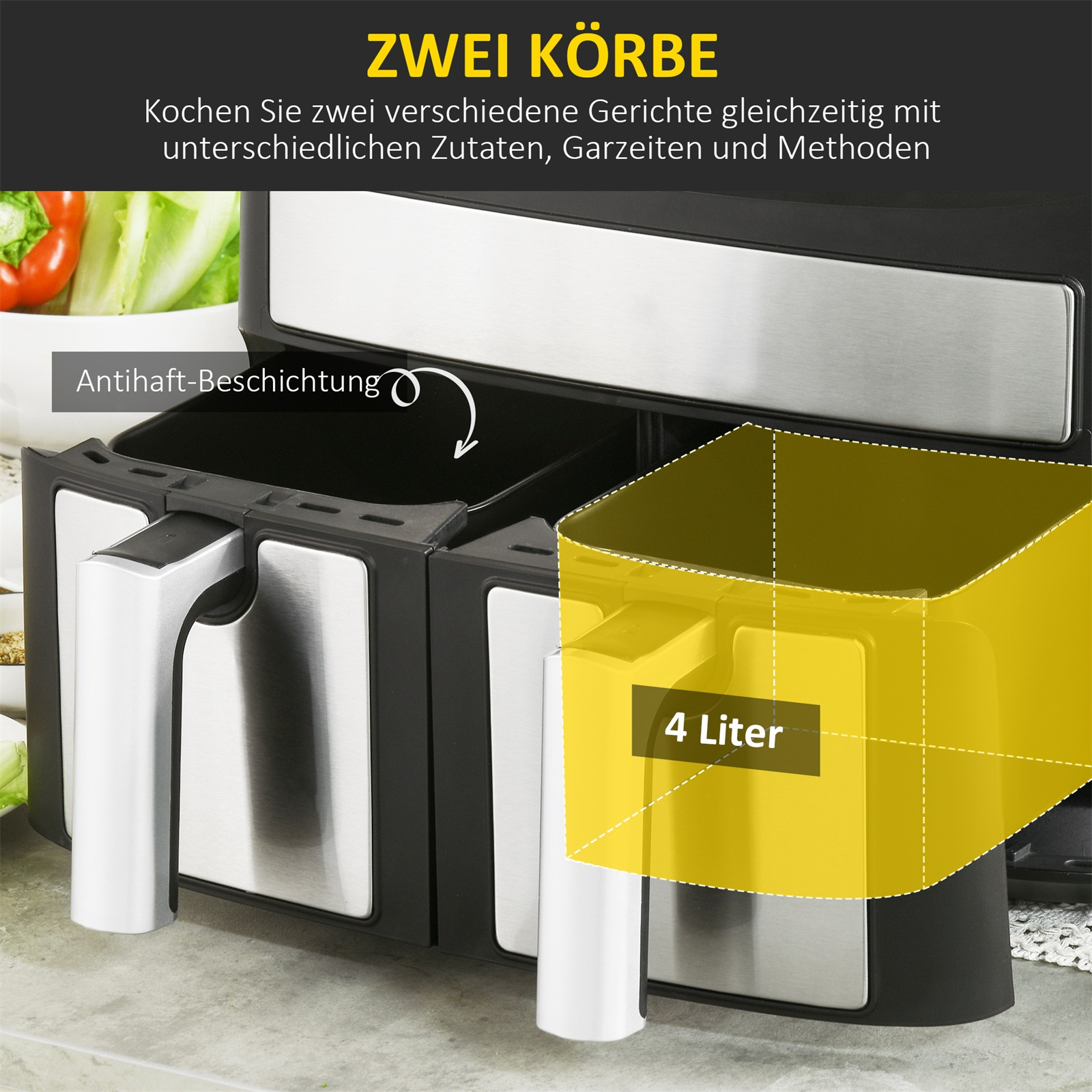 Eine Heißluftfritteuse mit zwei Körben, einer mit der Aufschrift '4 Liter', Text über das Kochen.