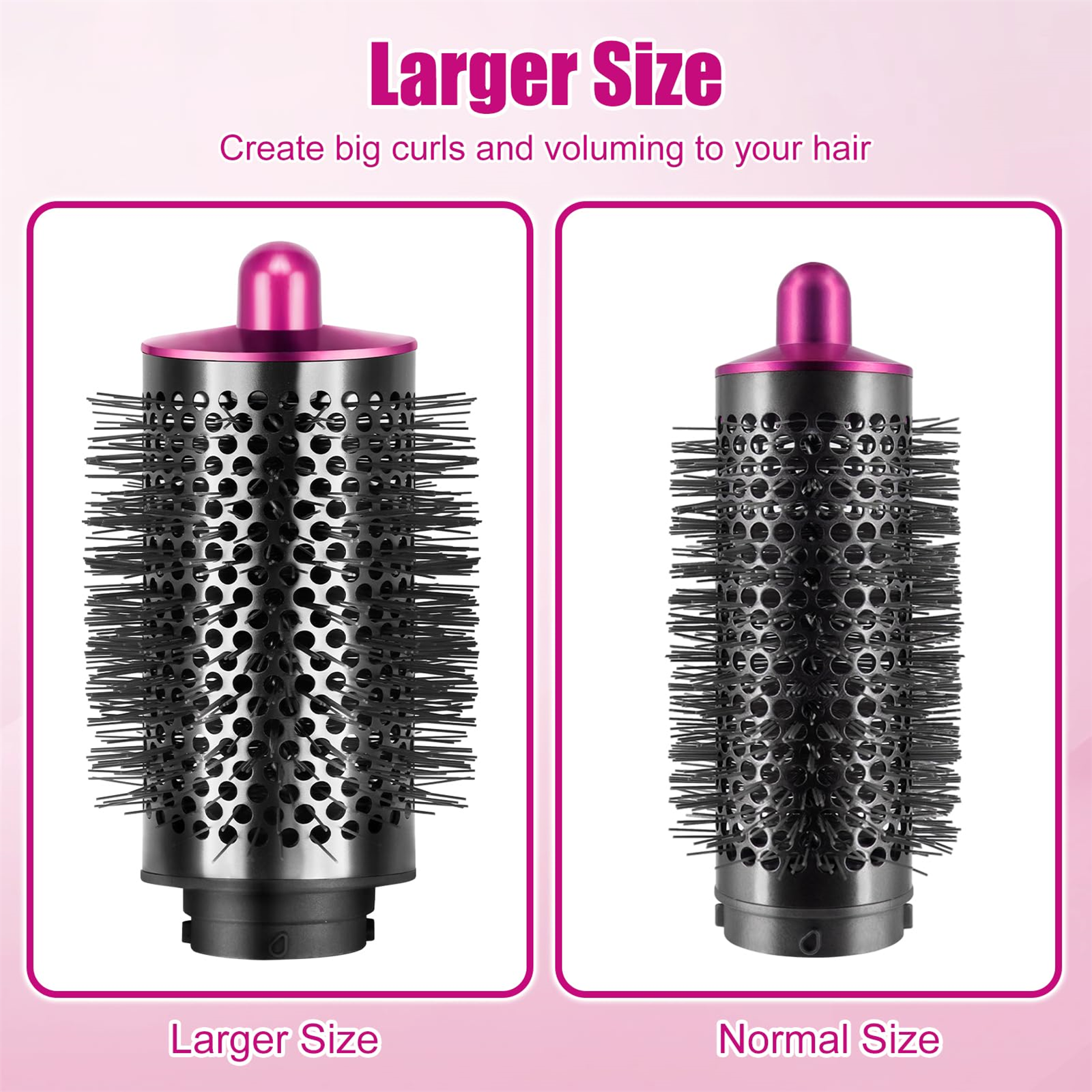 Zwei Lockenwickler werden gezeigt, einer ist größer als der andere, beide sind schwarz und rosa.