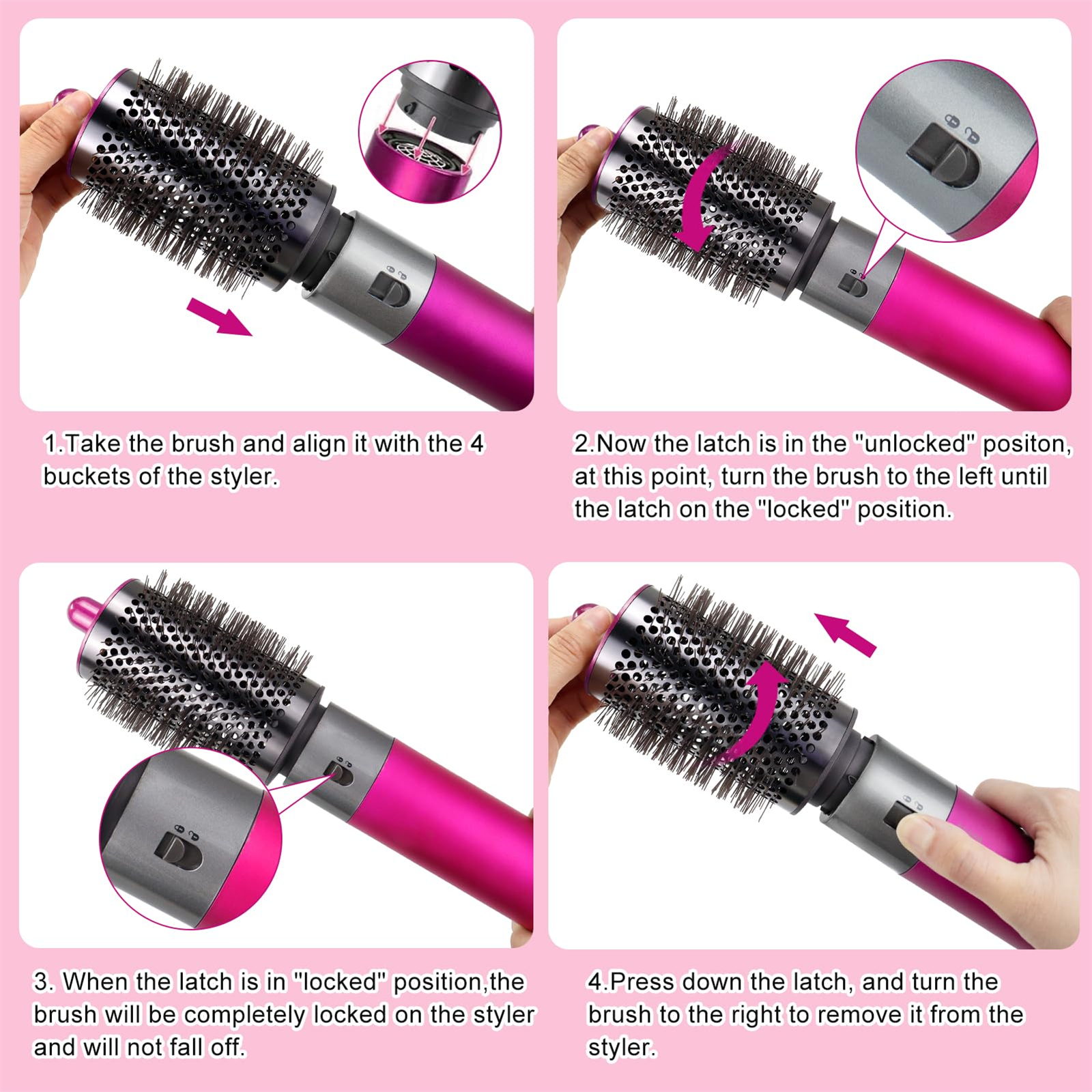 Eine Haarbürste mit pinkfarbenem Griff wird zusammengebaut. Die Bürste wird in verschiedenen Phasen gezeigt.