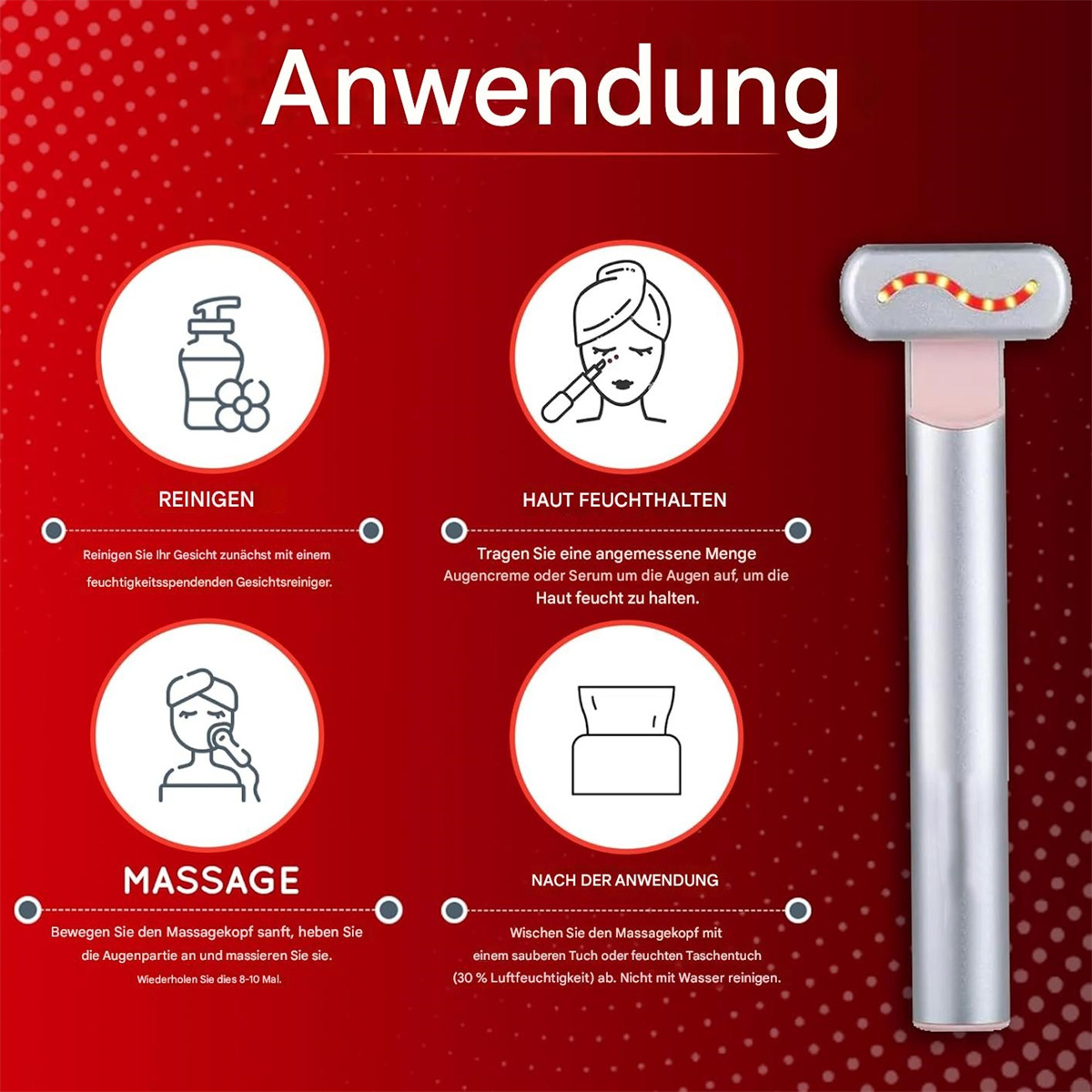 Diagramm zeigt Gesichtsmassage-Schritte: Reinigen, Serum auftragen, Haut massieren und das Massagegerät reinigen.