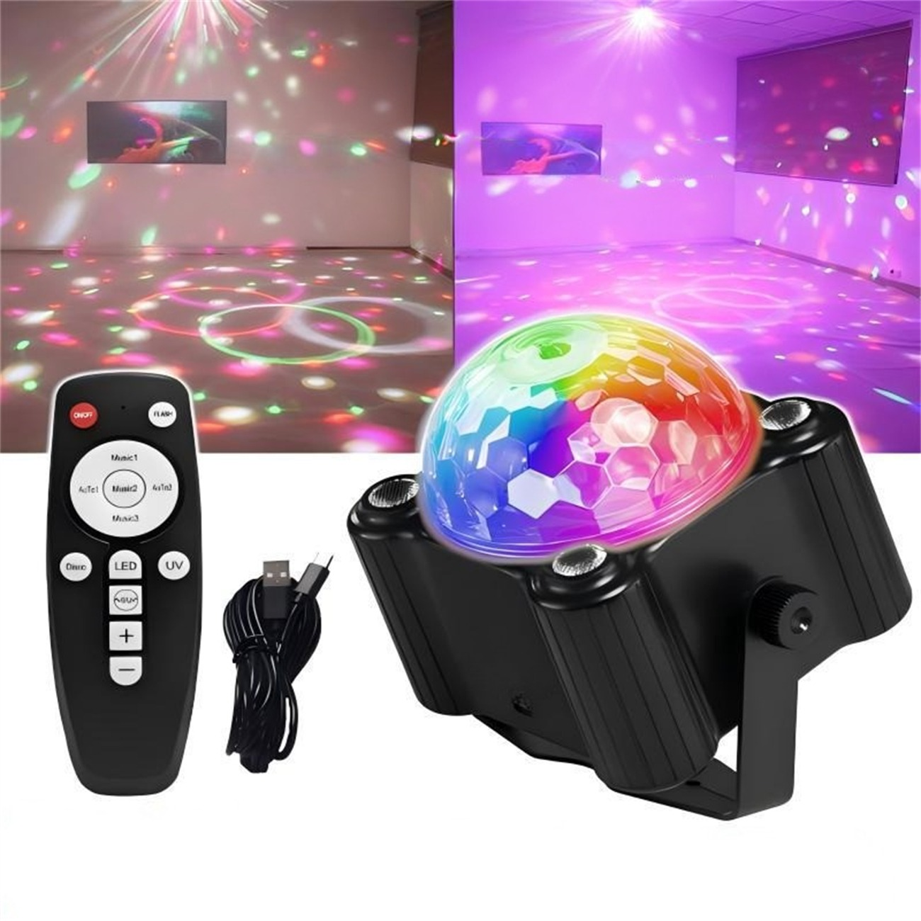 Ein Discokugelprojektor, eine Fernbedienung und ein Stromkabel mit bunten Lichtern an der Wand.